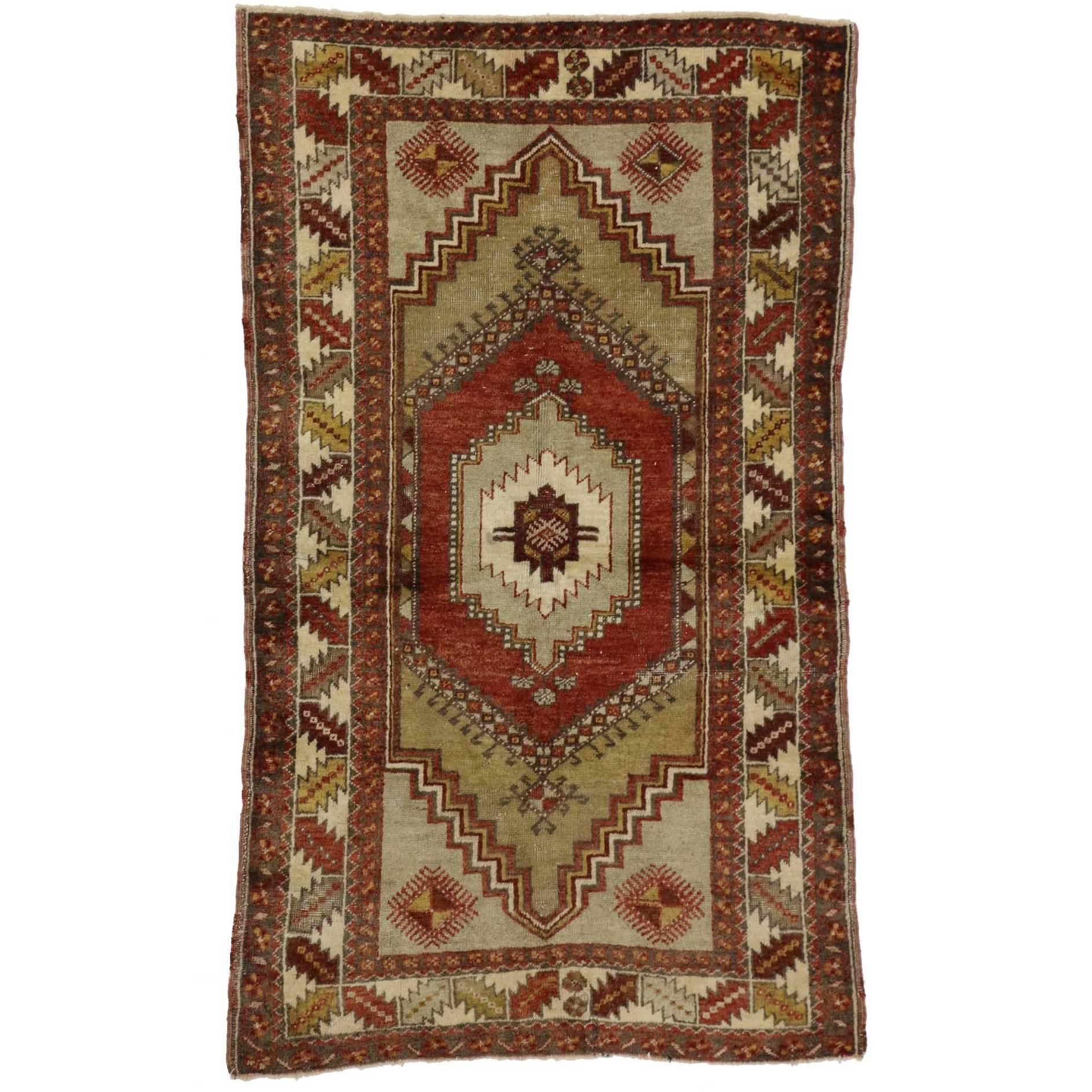 Vintage Turkish Oushak Accent Rug with Tribal Style For Sale