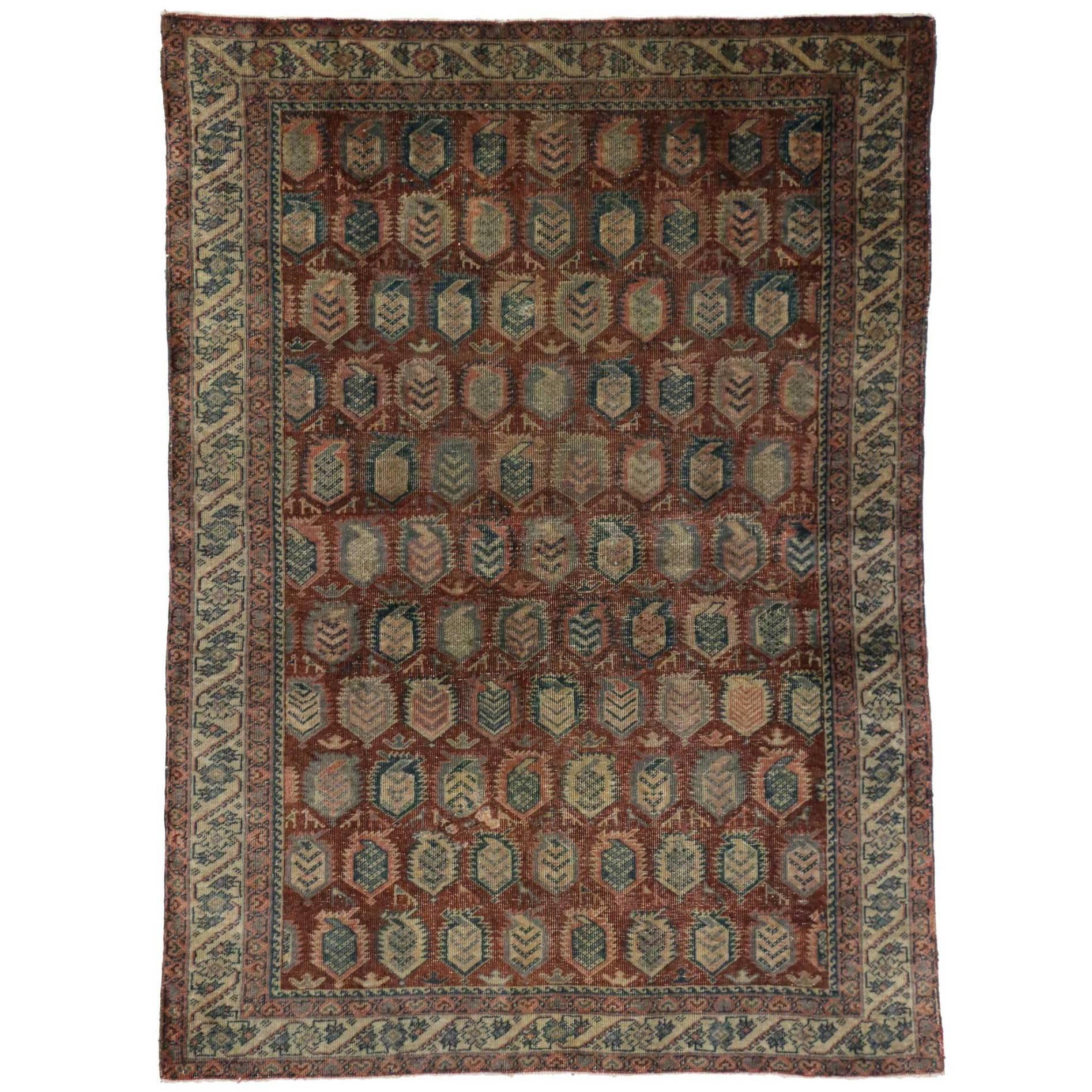 Distressed Vintage Turkish Oushak Accent Rug with Worn Aesthetic For Sale