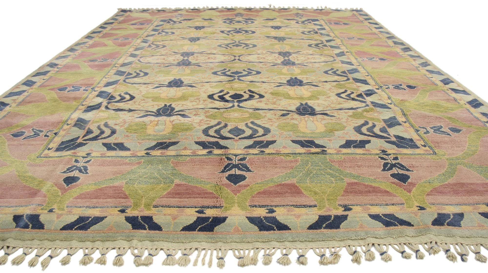 77112 Vintage Turkish Oushak William Morris Inspired Rug with Arts & Crafts Style 09’02 x 13’00. This hand-knotted wool vintage Turkish Oushak Anatolian rug features an all-over geometric pattern composed of a large scale repeating floral design