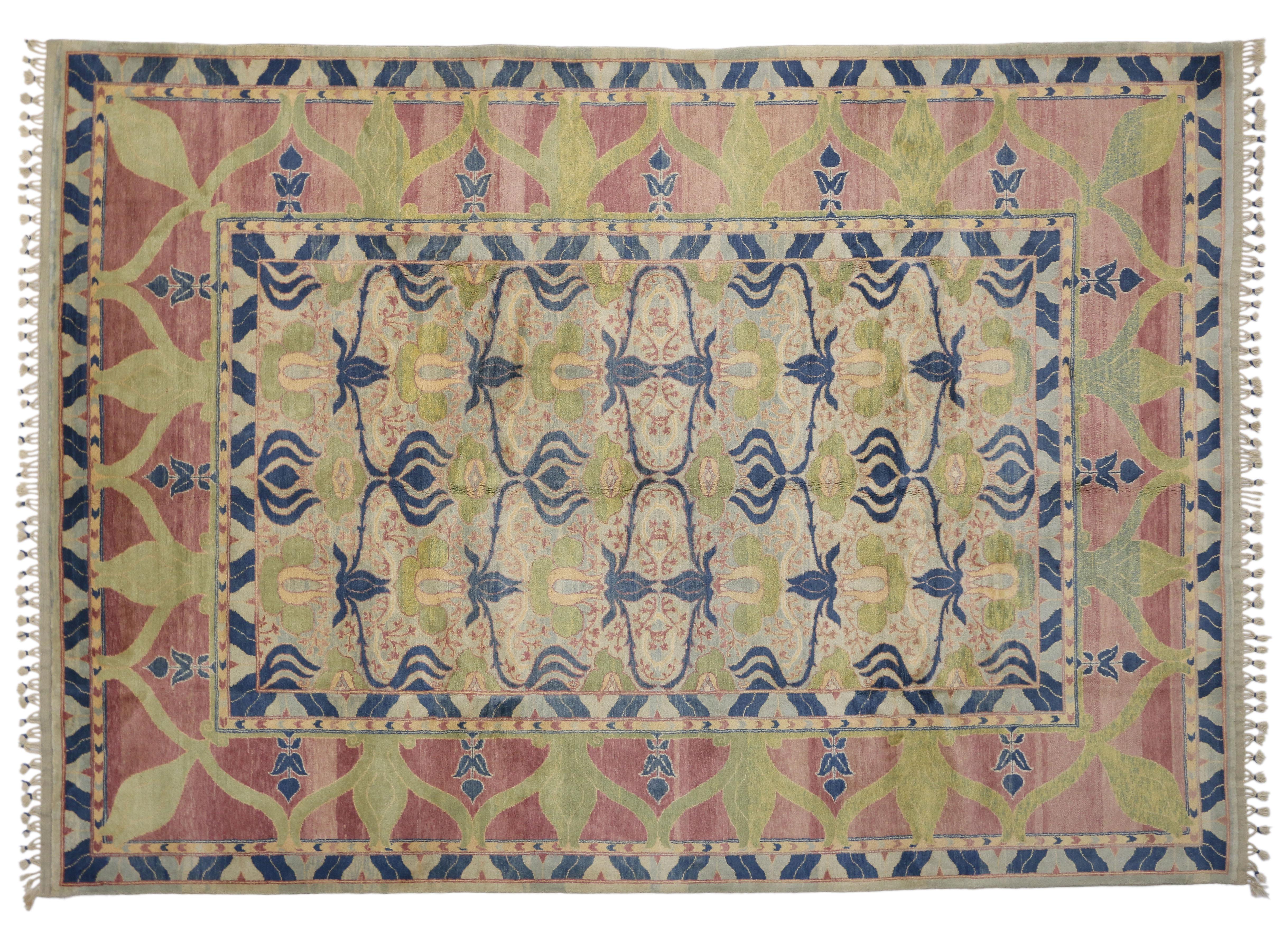 Hand-Knotted Vintage Turkish Oushak William Morris Inspired Rug with Arts & Crafts Style 