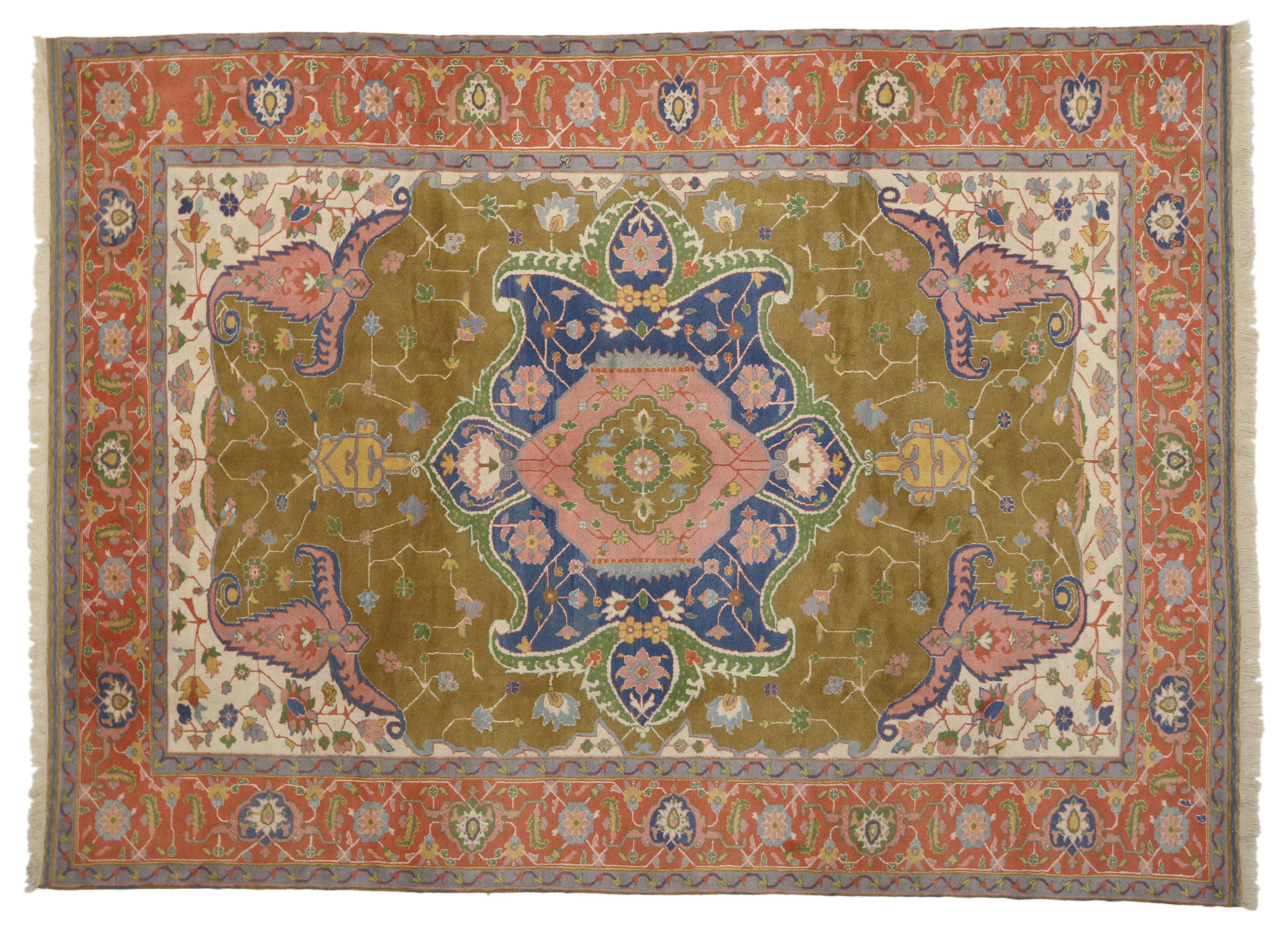 Noué à la main Tapis turc vintage d'Oushak d'Anatolie avec style méditerranéen rétro bohème en vente