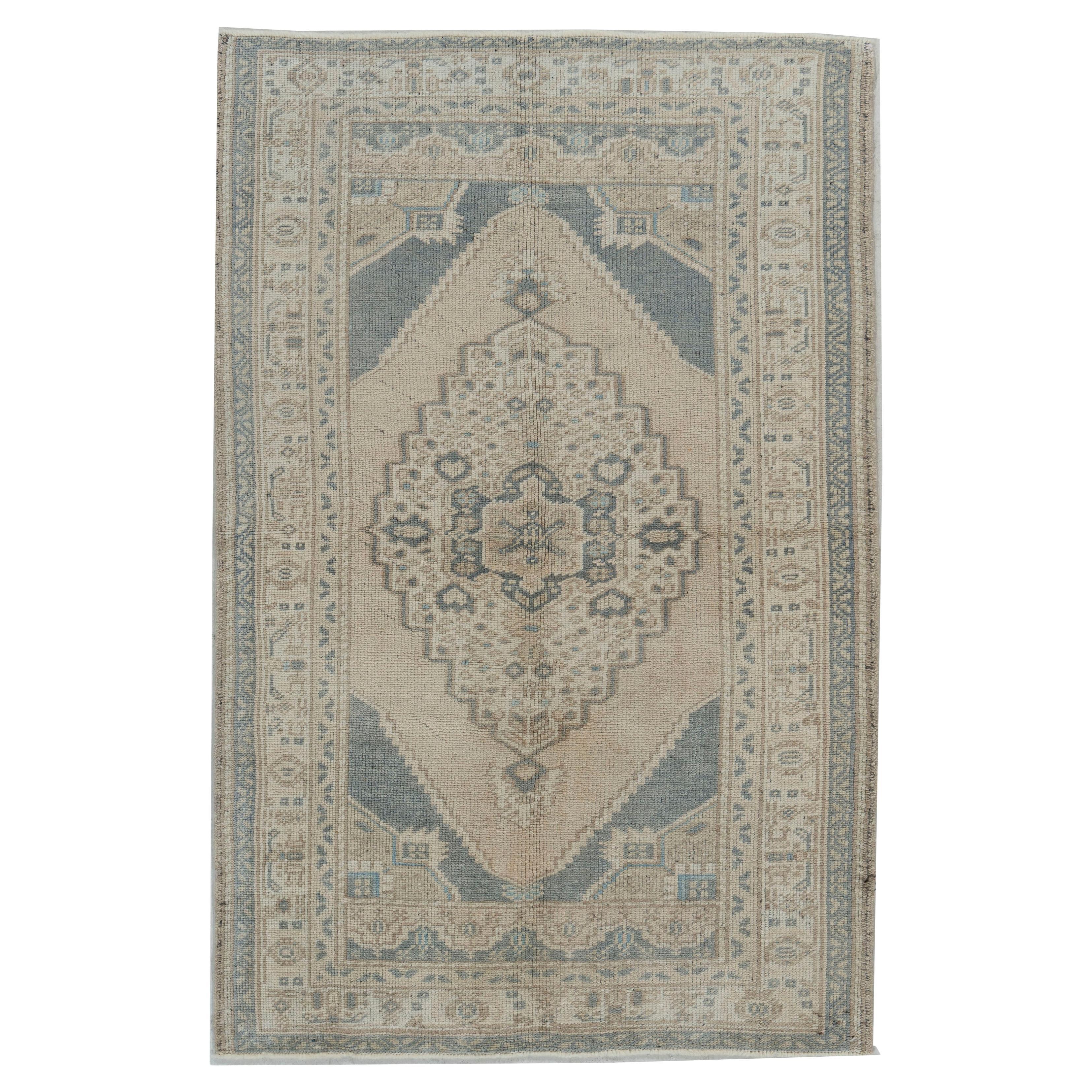 Vintage Turkish Ivory Brown Hand Knotted Wool Oushak Area Rug