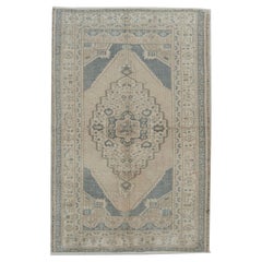 Vintage Turkish Ivory Brown Hand Knotted Wool Oushak Area Rug