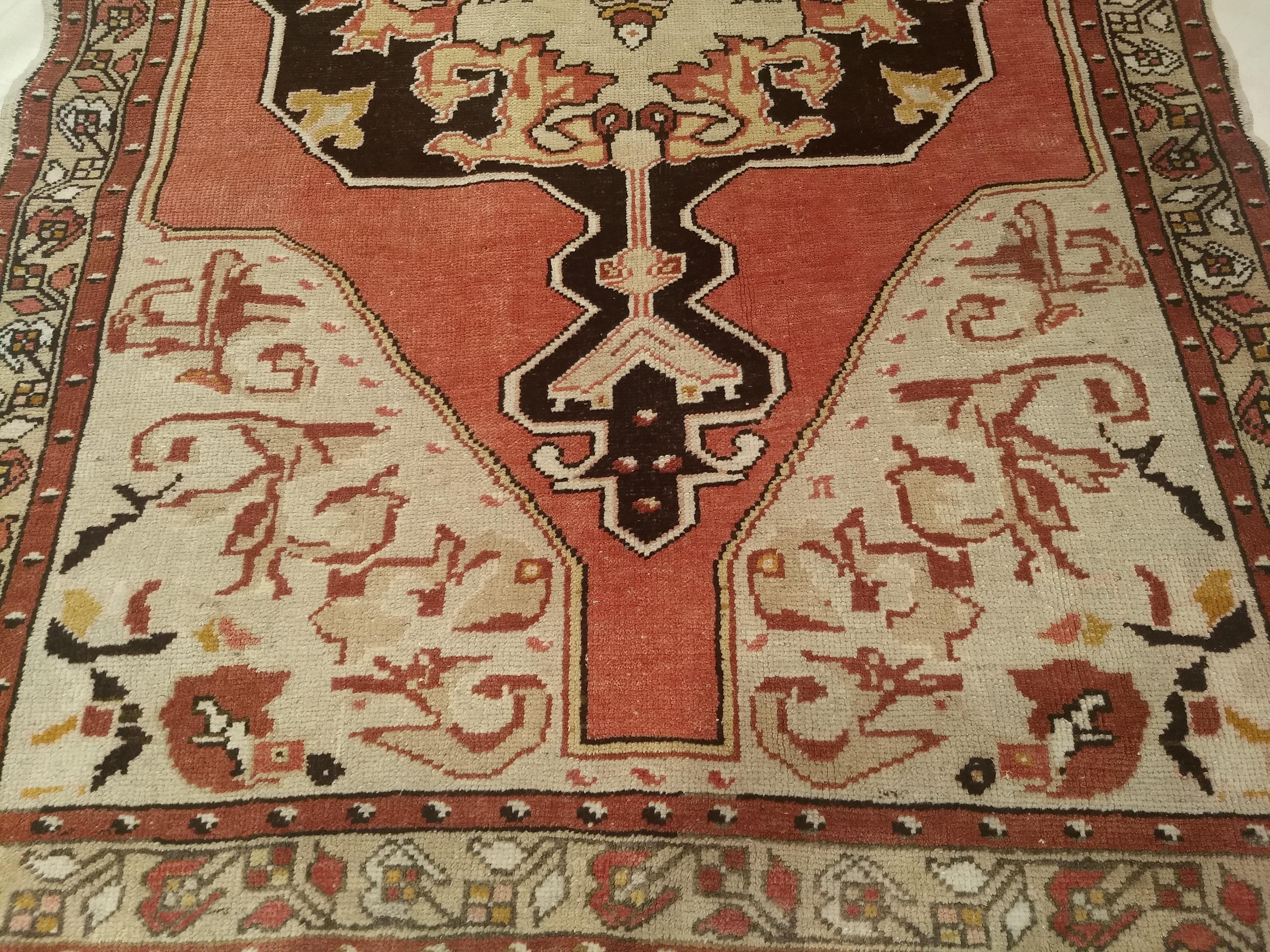 Early 20th Century Vintage Turkish Oushak Area Rug in Pale Pink, Brown, and Ivory Colors For Sale