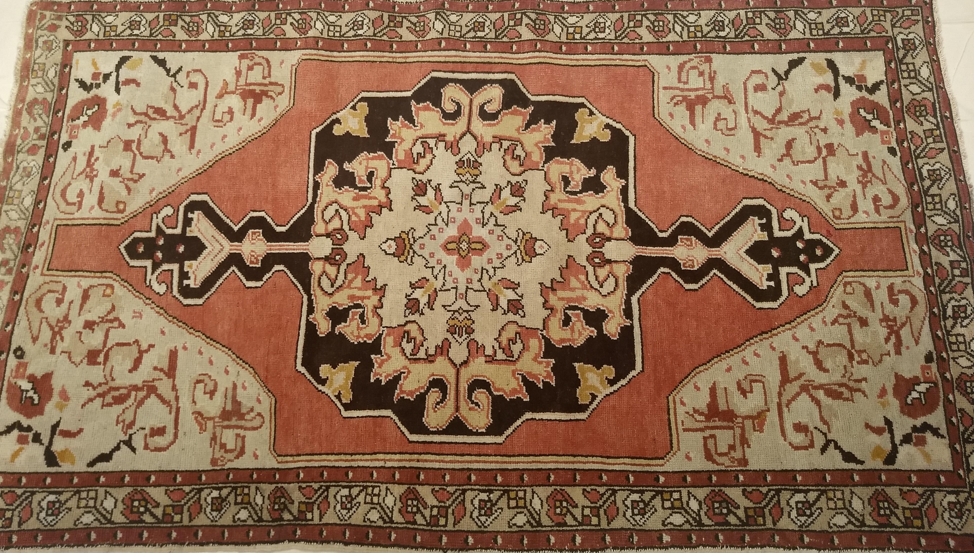 Wool Vintage Turkish Oushak Area Rug in Pale Pink, Brown, and Ivory Colors For Sale