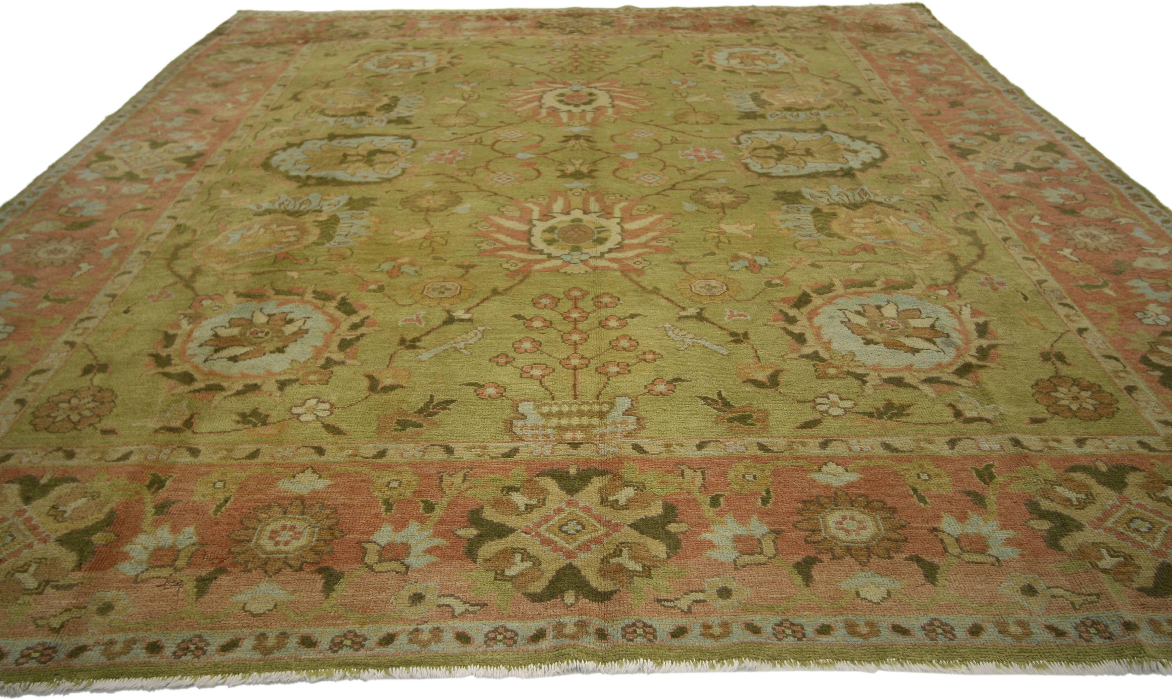 Hand-Knotted Vintage Turkish Oushak Area Rug, Green and Salmon Hues