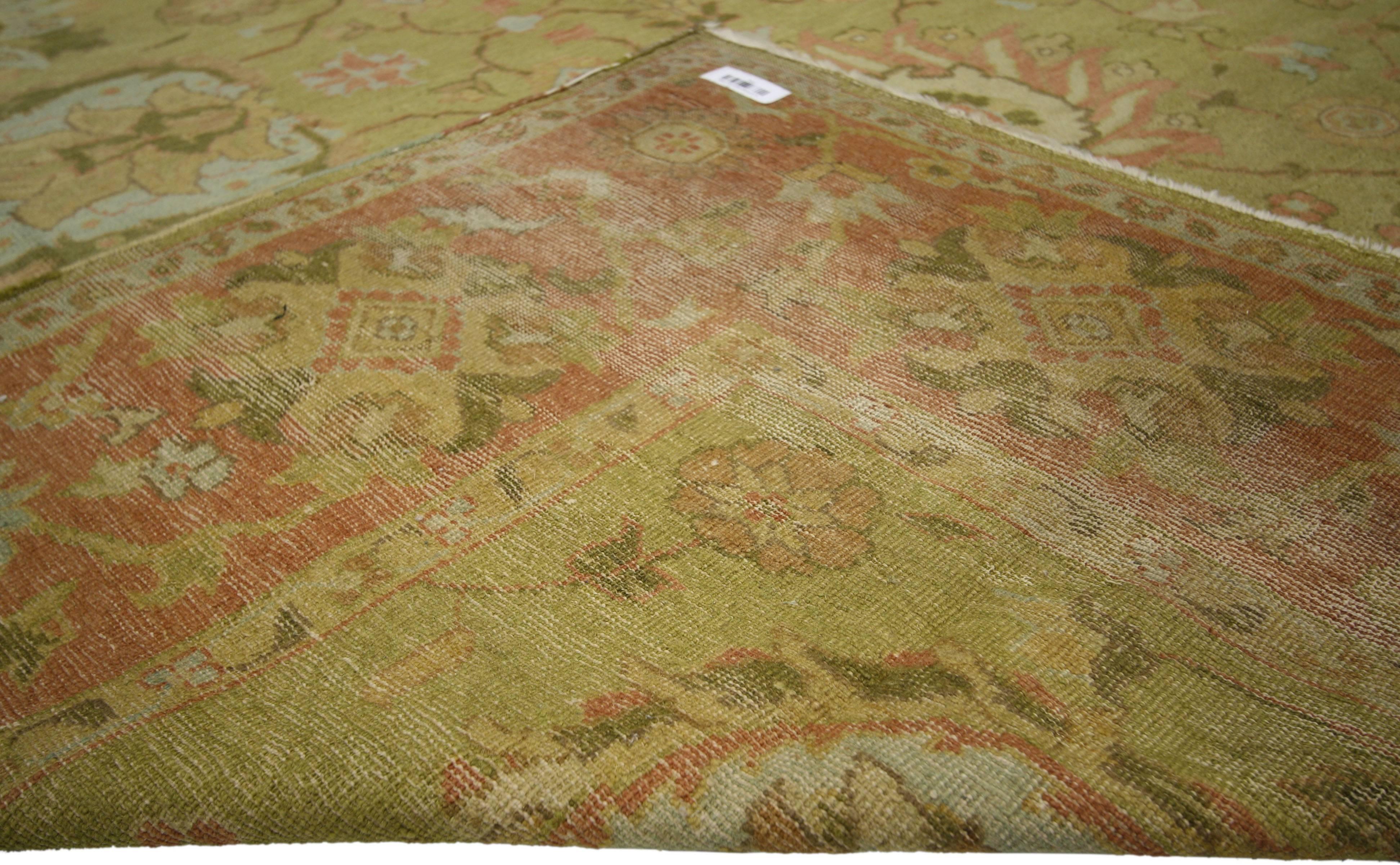 Vintage Turkish Oushak Area Rug, Green and Salmon Hues In Good Condition In Dallas, TX
