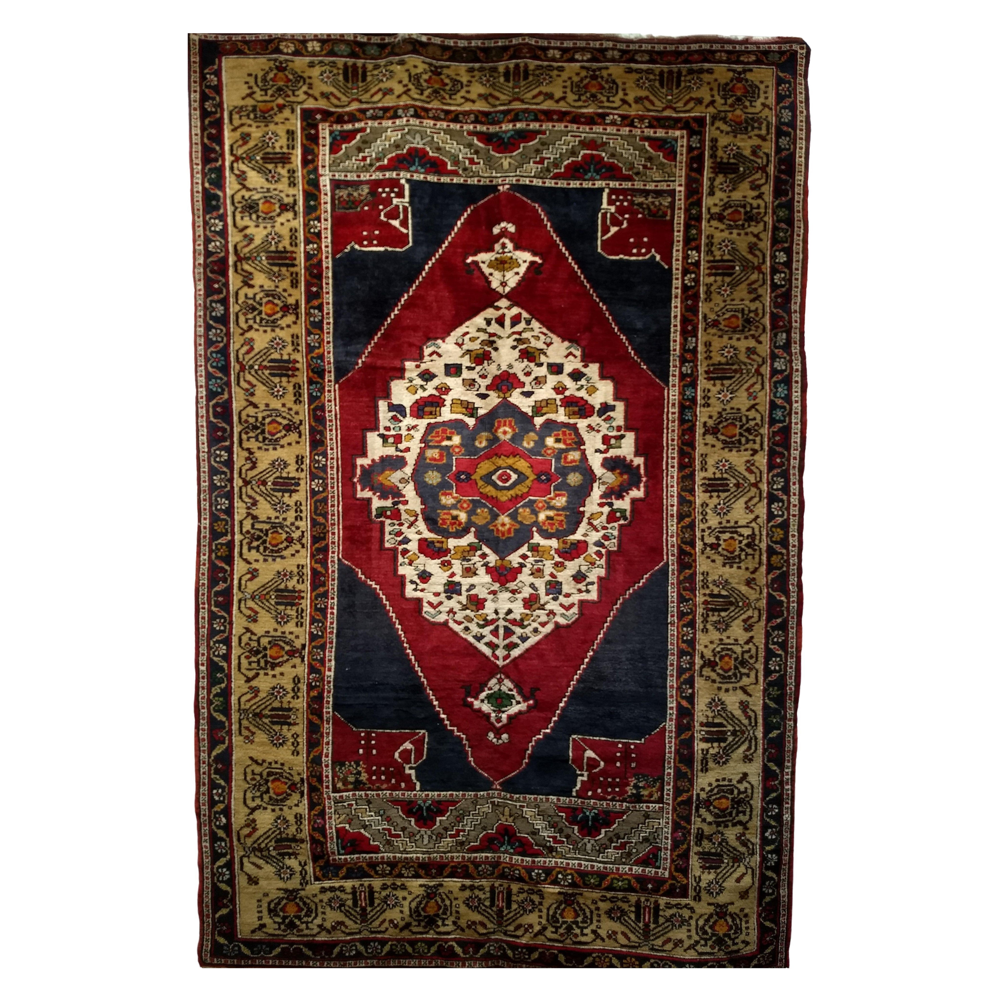 Vintage Turkish Oushak Area Rug, Hand-Knotted Geometric, Navy & Red, 6' x 9'