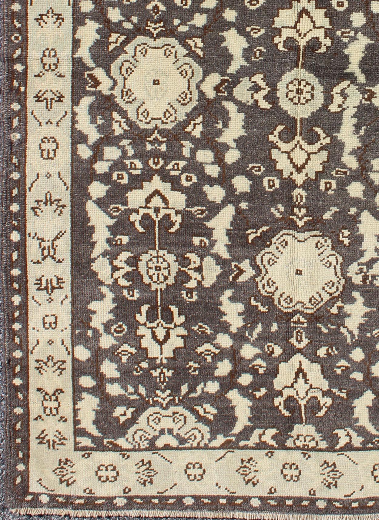 Hand-Knotted Vintage Turkish Oushak Area Rug in Dark Charcoal, Brown, and Ivory For Sale
