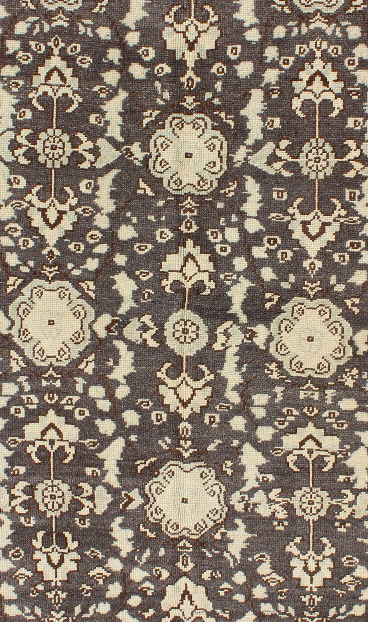 Vintage Turkish Oushak Area Rug in Dark Charcoal, Brown, and Ivory In Good Condition For Sale In Atlanta, GA