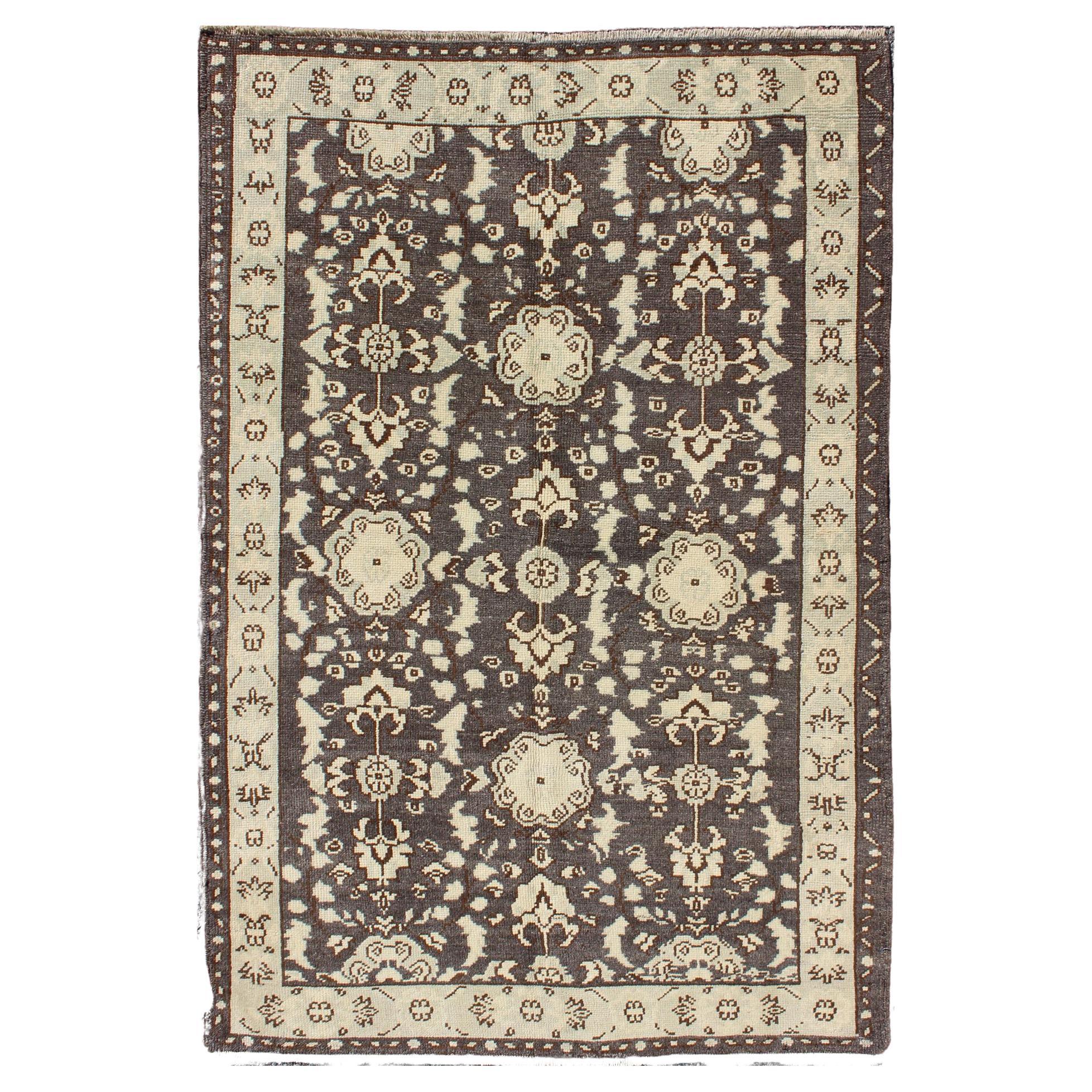 Vintage Turkish Oushak Area Rug in Dark Charcoal, Brown, and Ivory For Sale