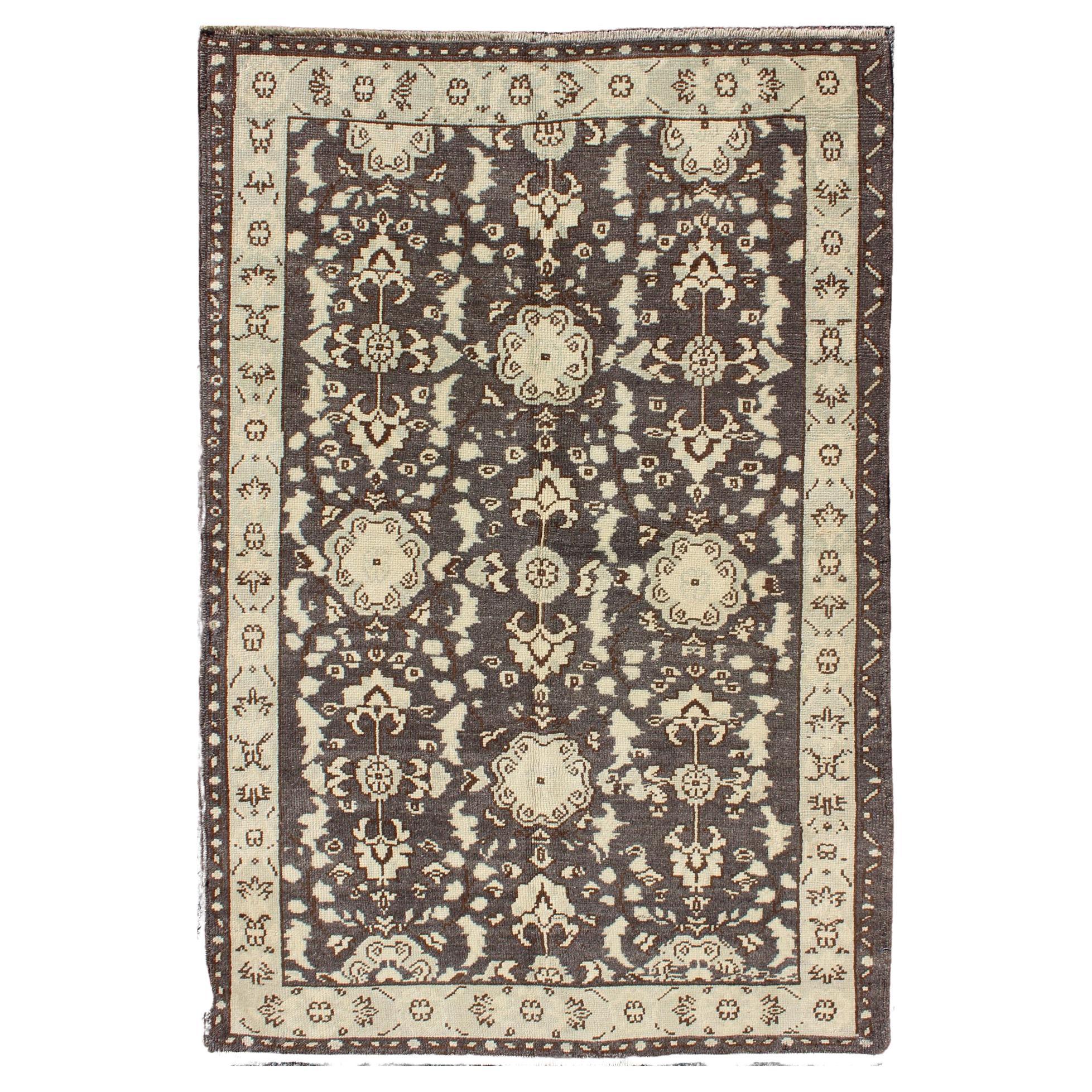 Vintage Turkish Oushak Area Rug in Dark Charcoal, Brown, and Ivory For Sale
