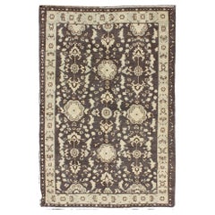 Vintage Turkish Oushak Area Rug in Dark Charcoal, Brown, and Ivory