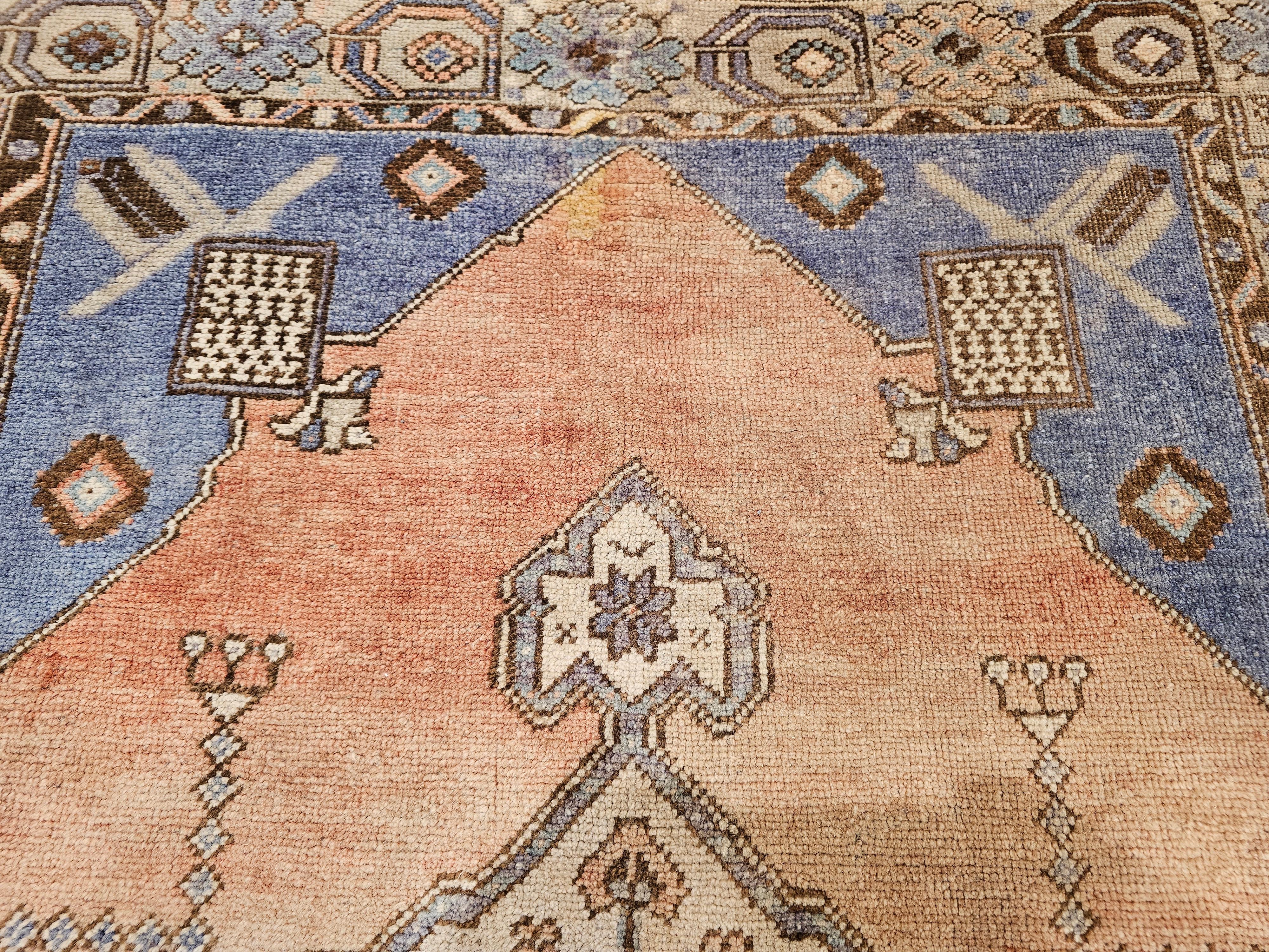 Vintage Turkish Oushak Area Rug in Geometric Pattern in Blue, Terracotta, Ivory In Good Condition For Sale In Barrington, IL