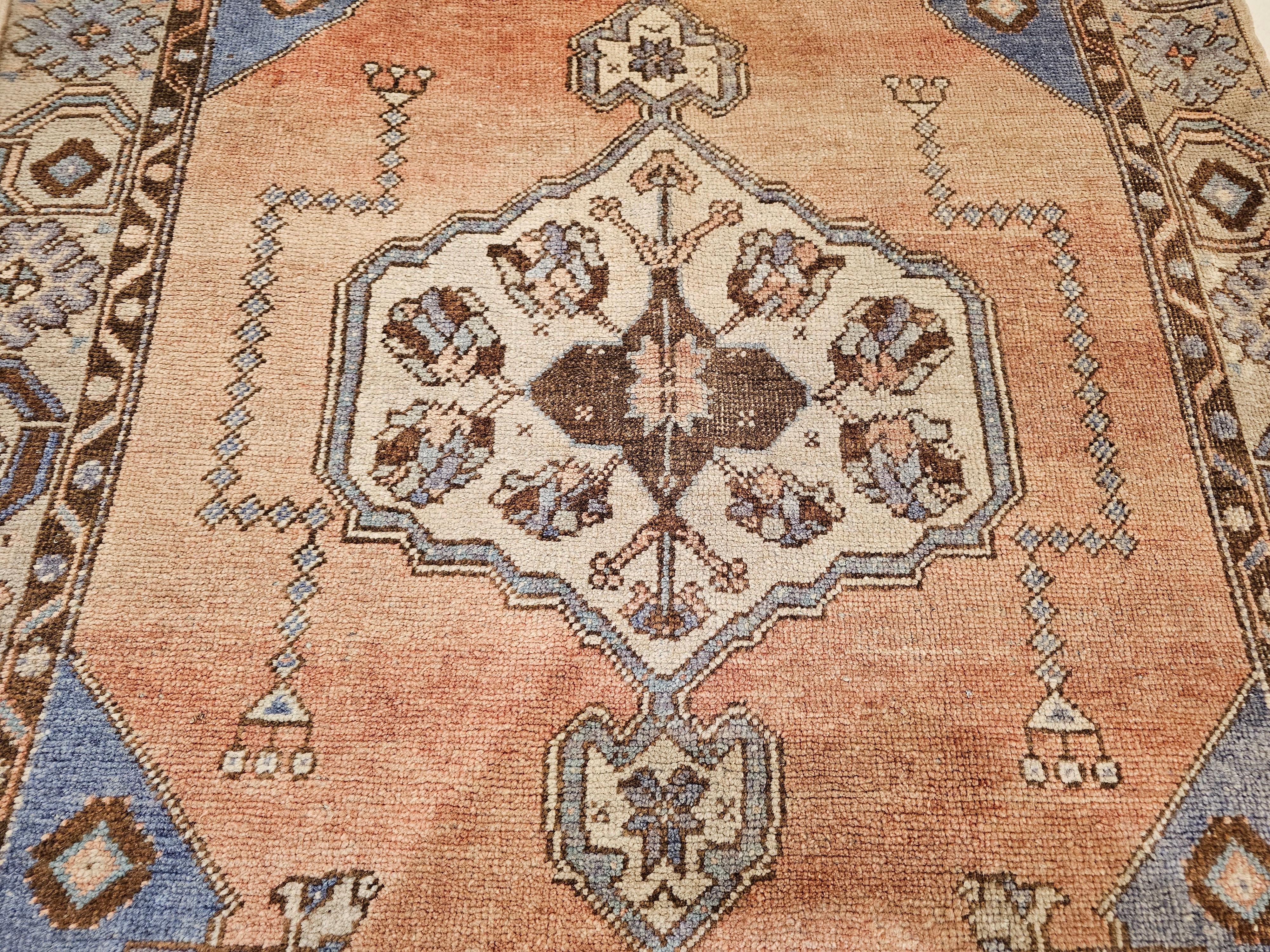 20th Century Vintage Turkish Oushak Area Rug in Geometric Pattern in Blue, Terracotta, Ivory For Sale