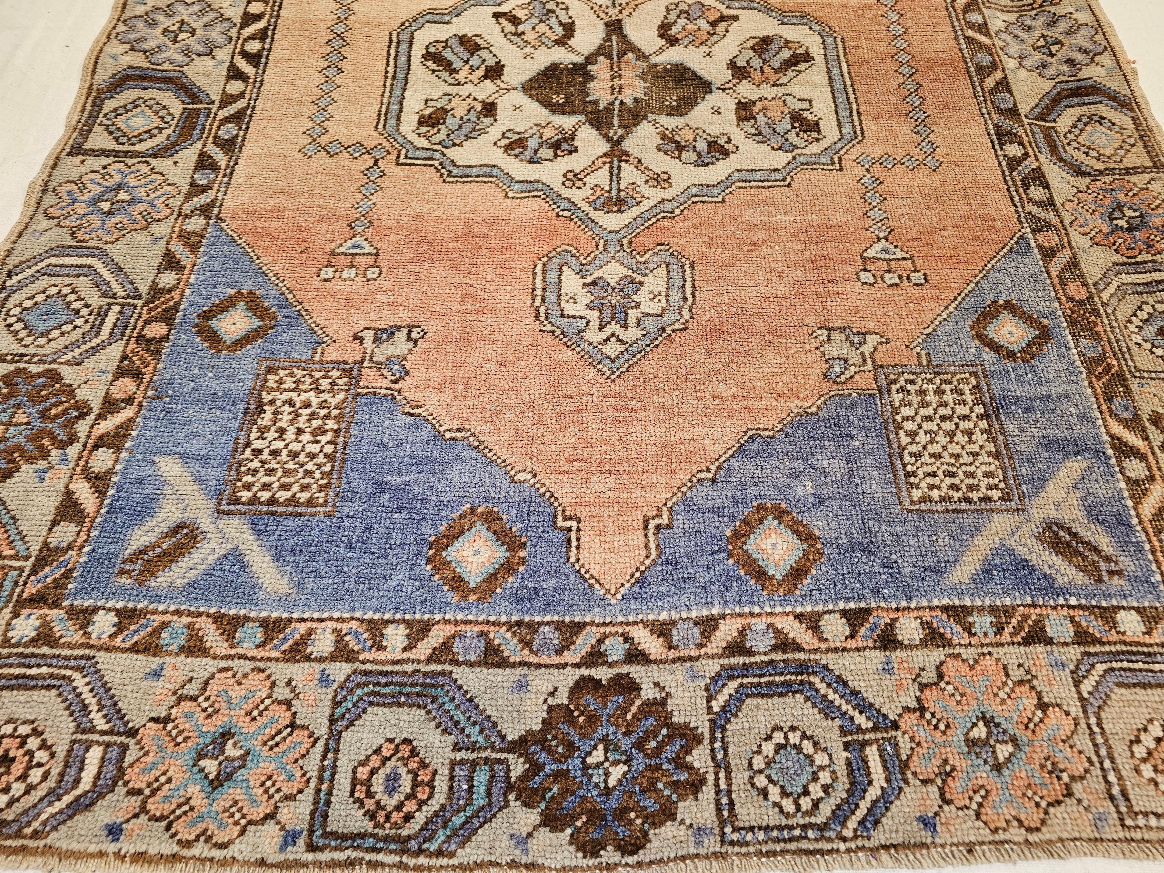 Wool Vintage Turkish Oushak Area Rug in Geometric Pattern in Blue, Terracotta, Ivory For Sale