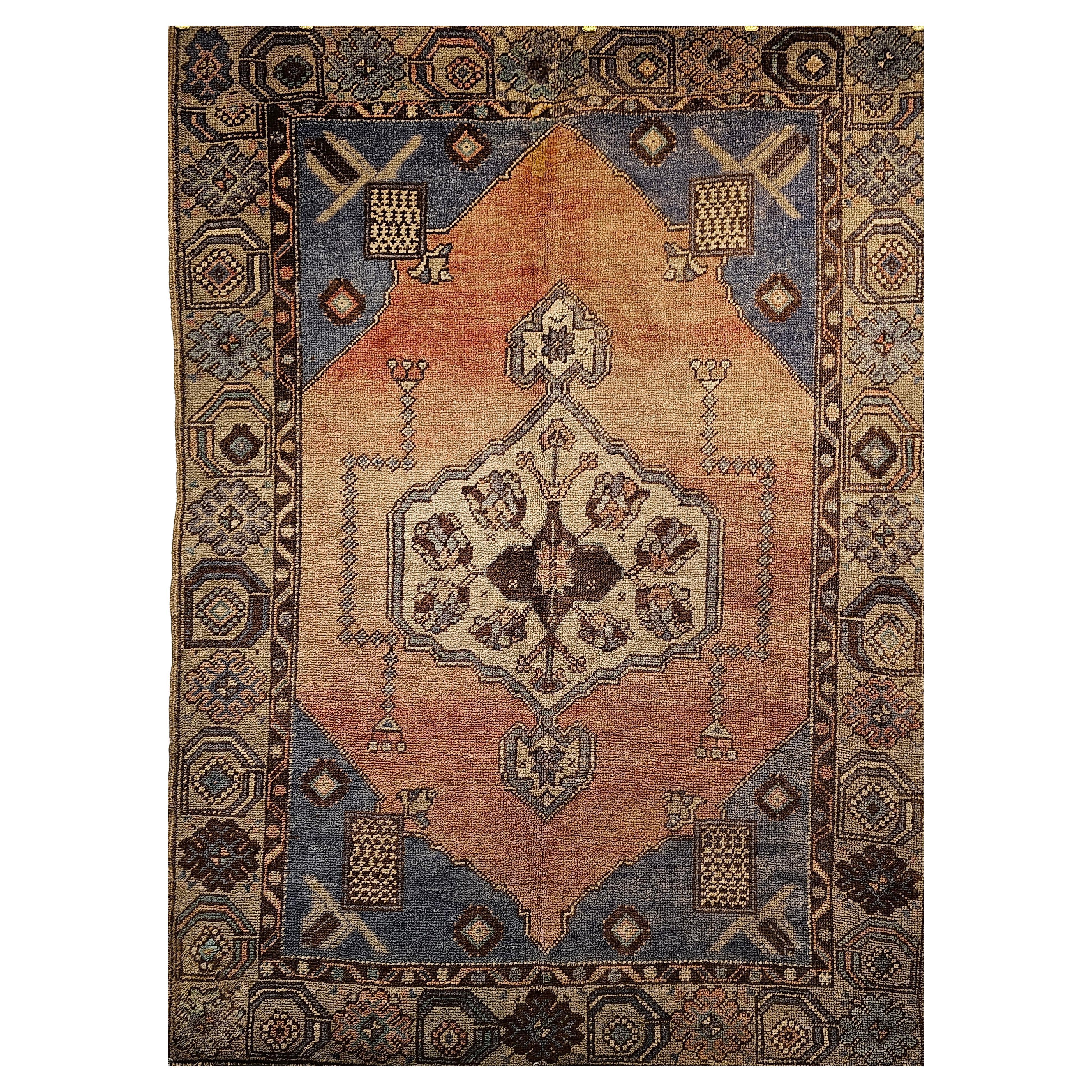 Vintage Turkish Oushak Area Rug in Soft Colors of Pale French Blue, Salmon, Gray For Sale