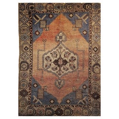 Retro Turkish Oushak Area Rug in Soft Colors of Pale French Blue, Salmon, Gray