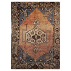 Vintage Turkish Oushak Area Rug in Soft Colors of Pale French Blue, Salmon, Gray