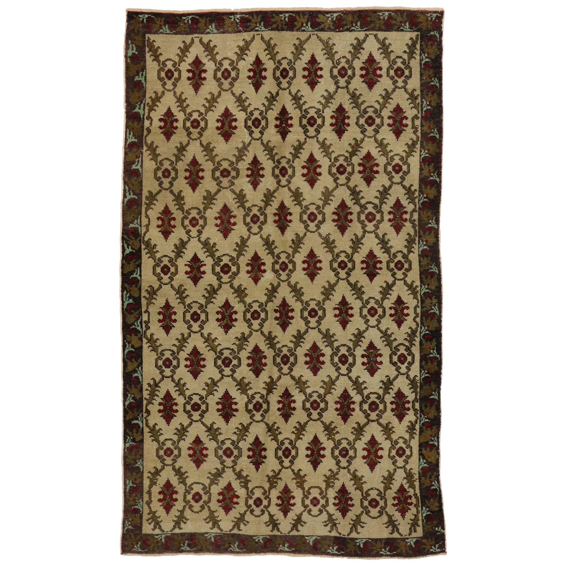 Vintage Turkish Oushak Area Rug with Luxe Jacobean Style For Sale at