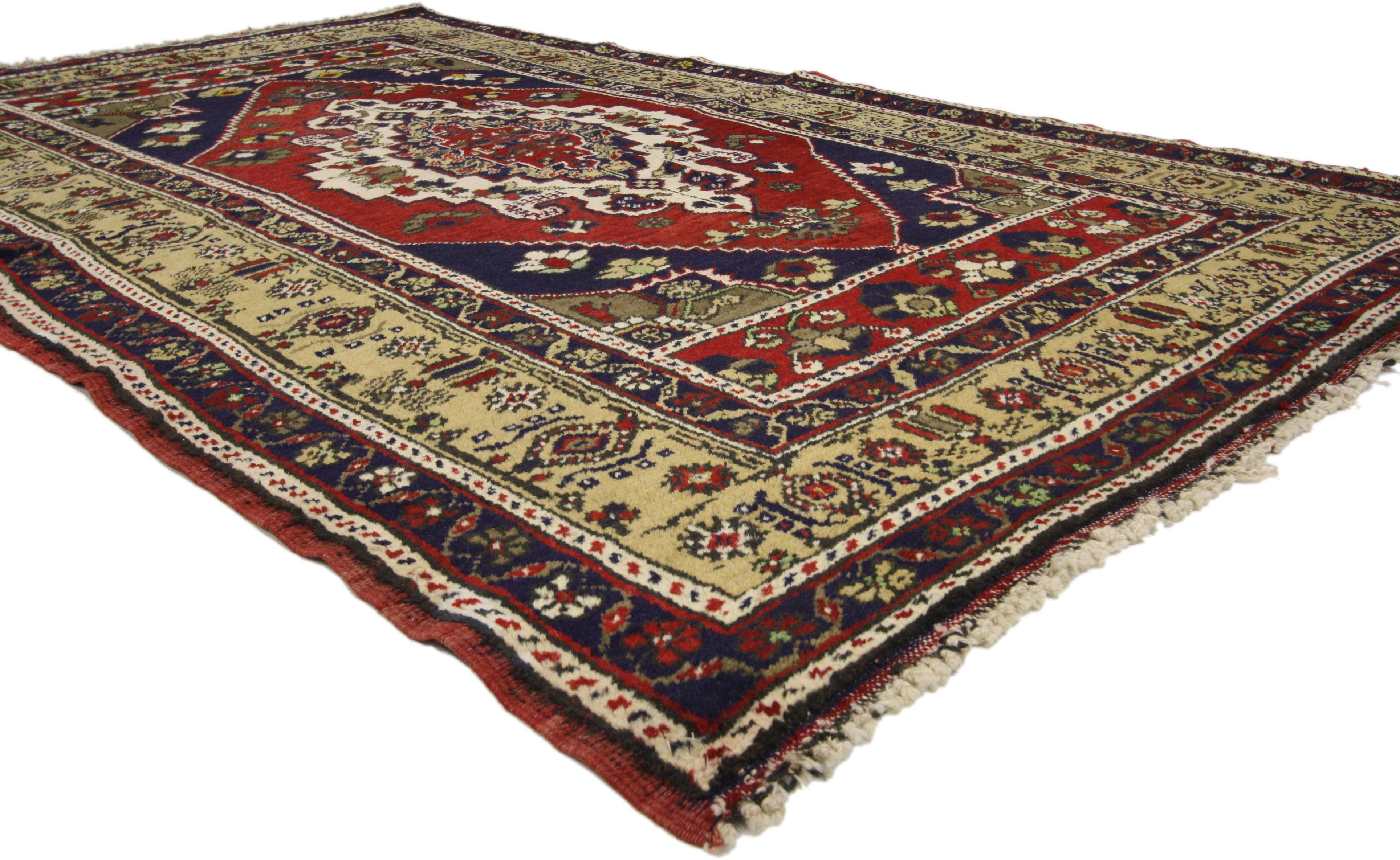 72689 vintage Turkish Oushak area rug with Luxe Medieval style, wide hallway runner. Immersed in Anatolian history, rich detail and dramatic colors, this hand-knotted wool vintage Oushak rug with Luxe Medieval style features a center medallion in a