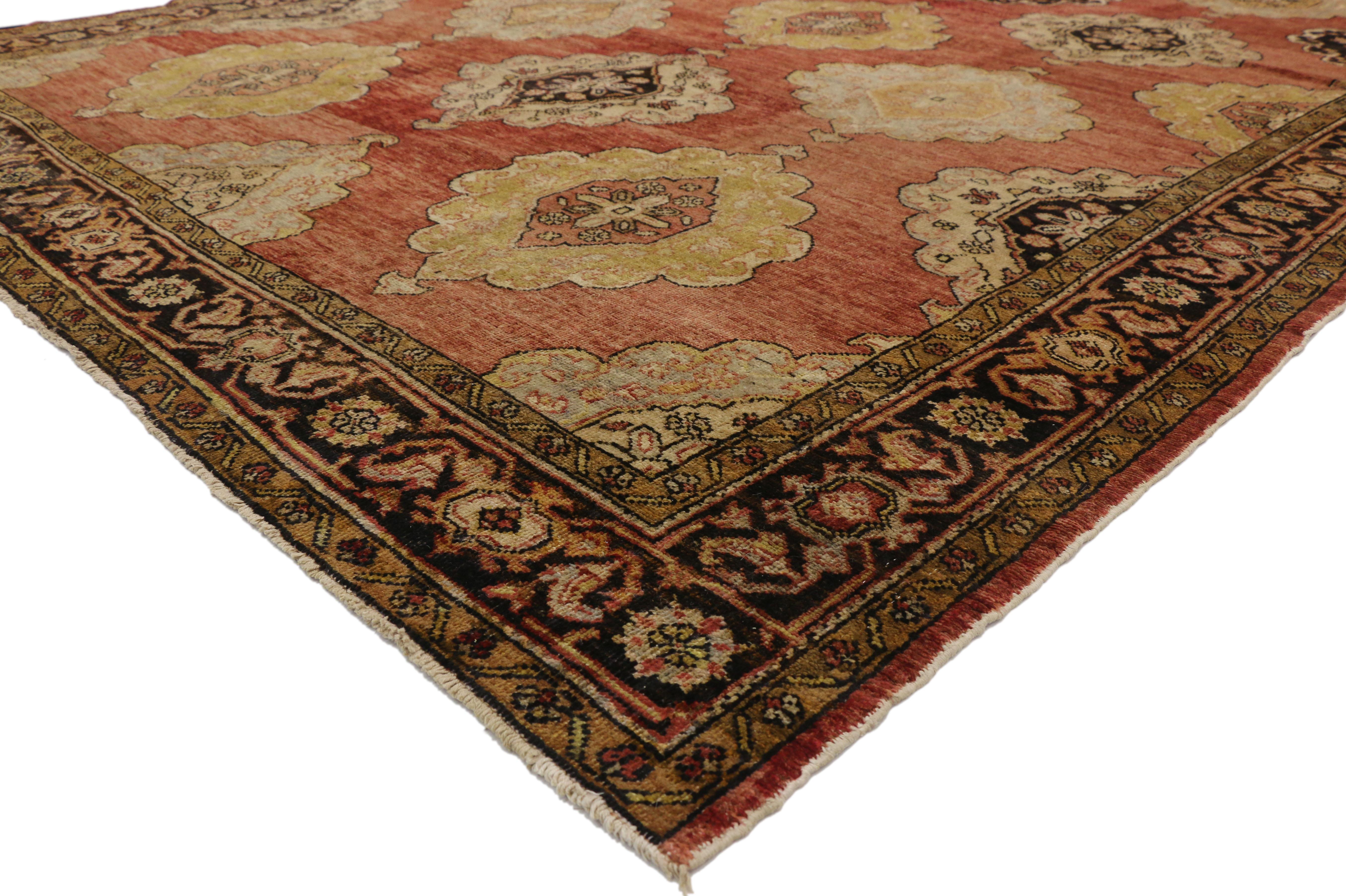 Hand-Knotted Vintage Turkish Oushak Area Rug with Luxe Jacobean Style  For Sale