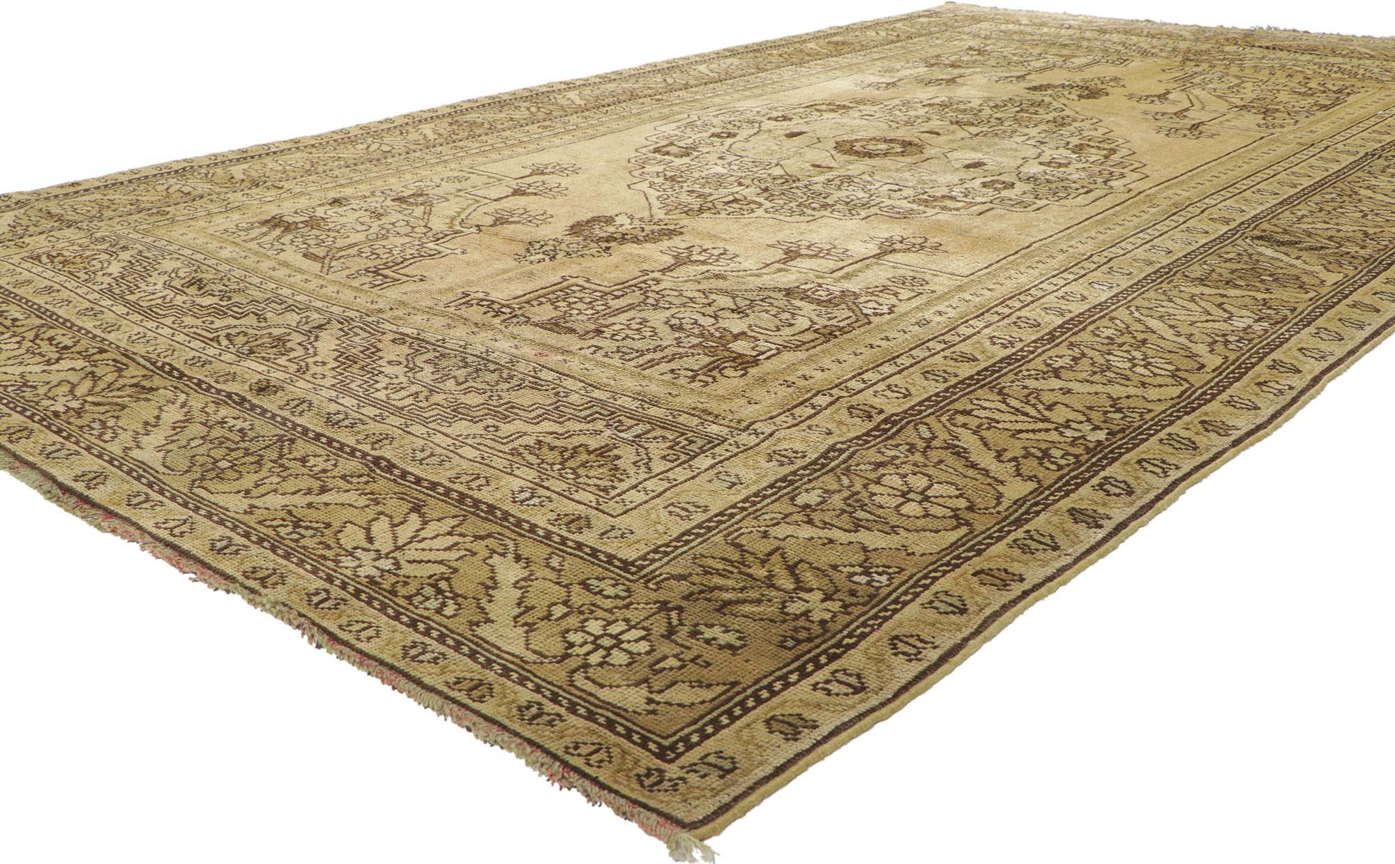 50517 Vintage Turkish Oushak Rug with Warm, Feminine Rustic Style, Hallway Runner 06'02 X 10'07. Unpretentious and simple meets warm, feminine rustic style. This hand-knotted wool vintage Turkish Oushak rug features a large-scale cusped medallion