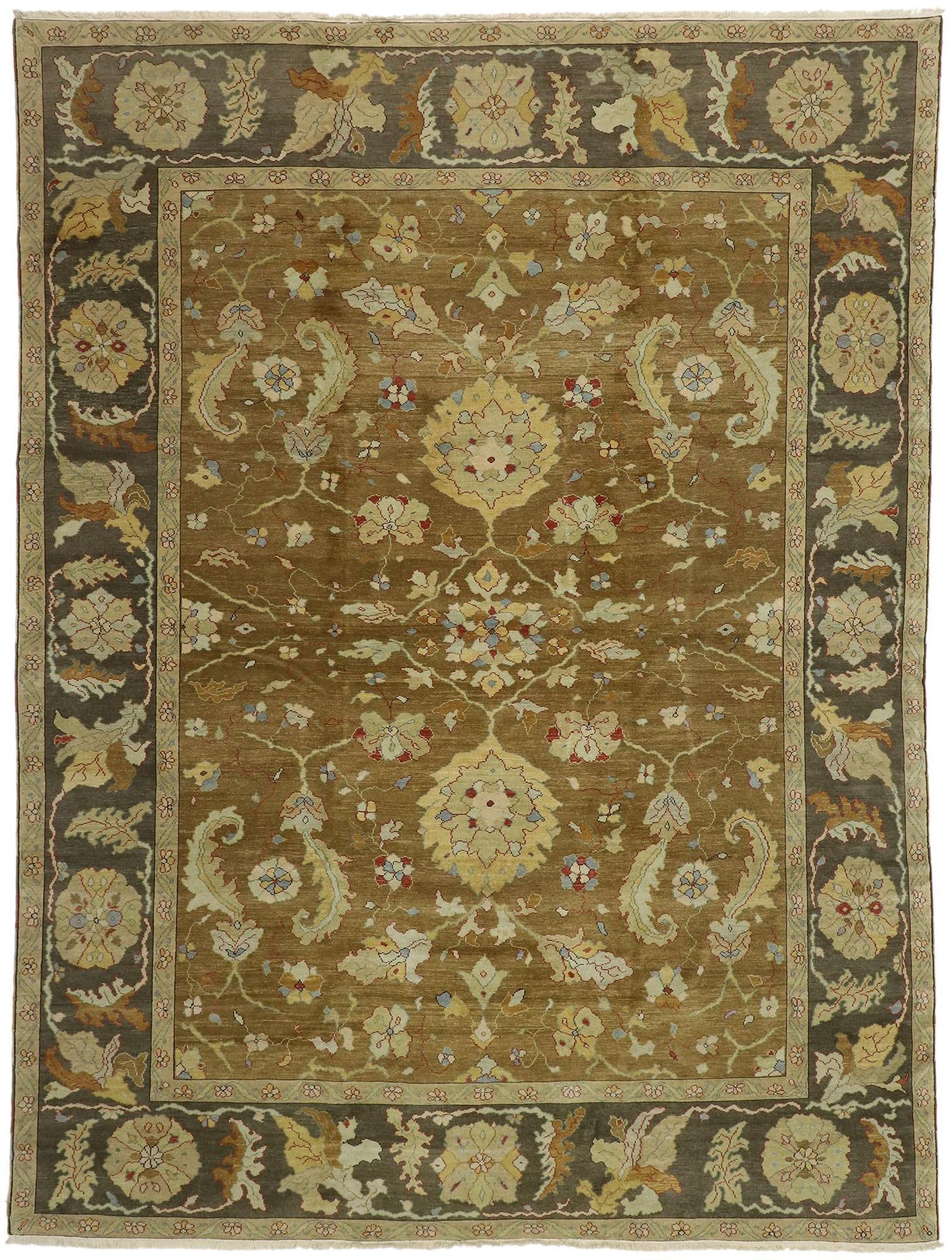 Hand-Knotted Vintage Turkish Oushak Area Rug with Modern Style in Warm Colors For Sale