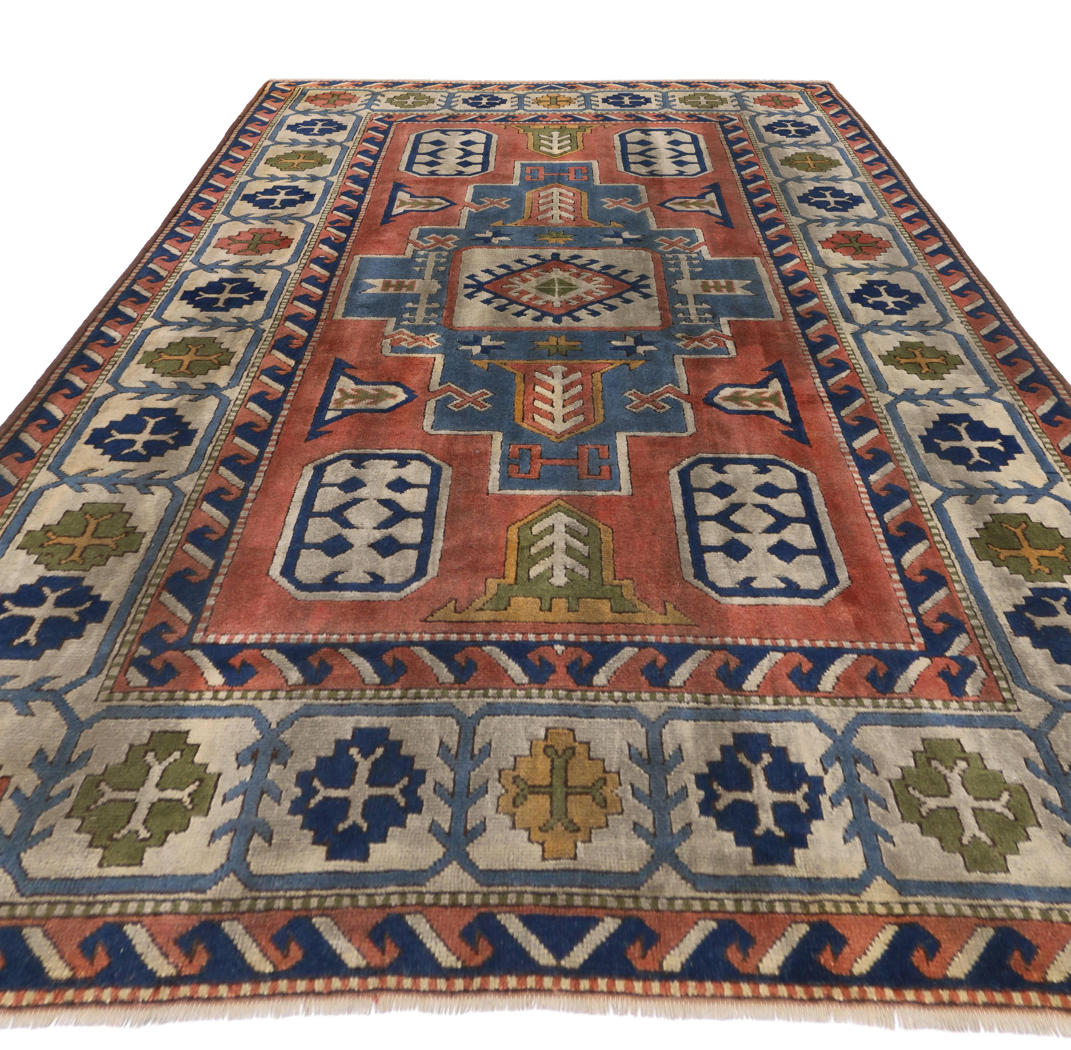 Vintage Turkish Oushak Area Rug with Tribal Style In Good Condition For Sale In Dallas, TX