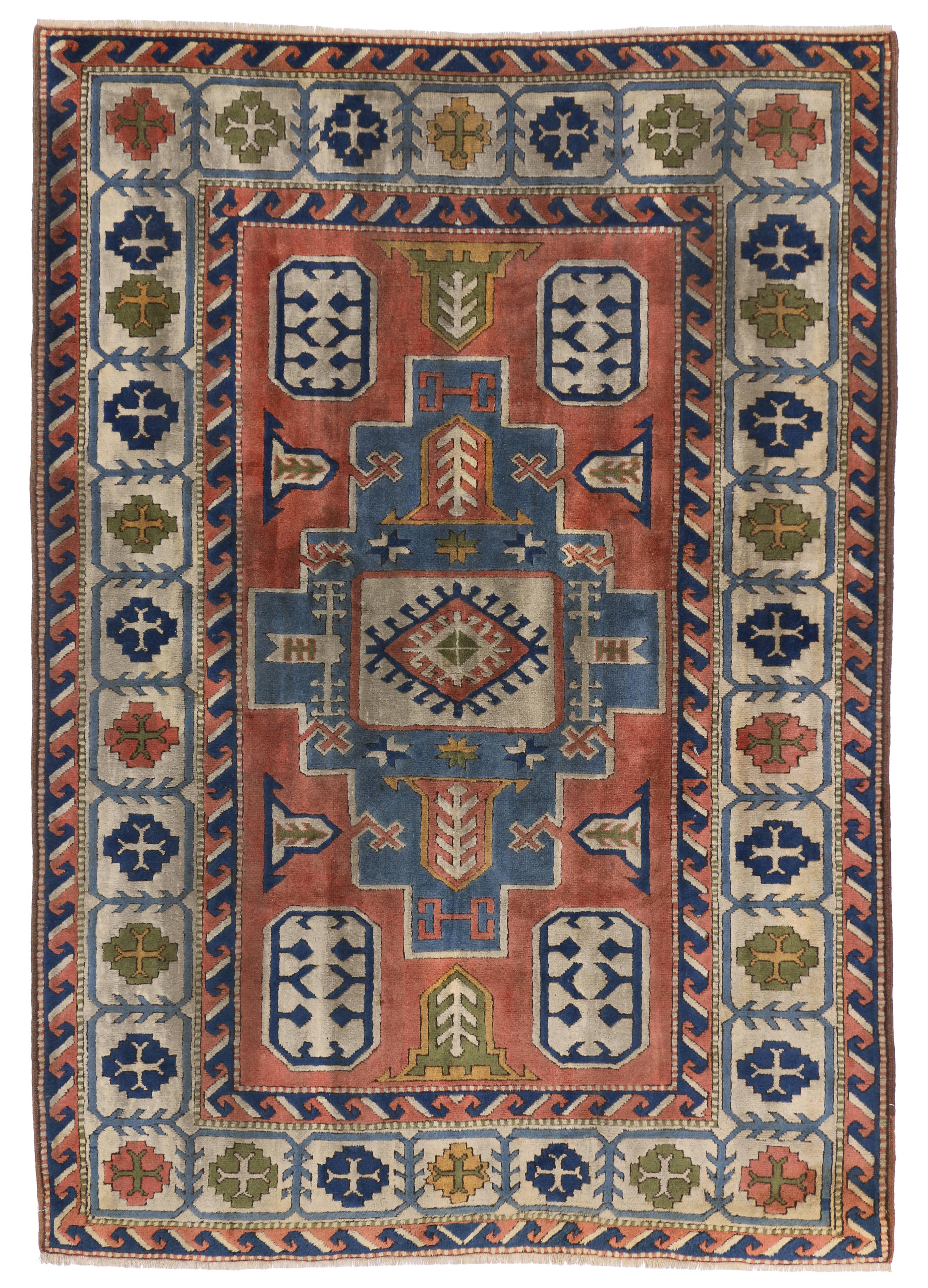 20th Century Vintage Turkish Oushak Area Rug with Tribal Style For Sale