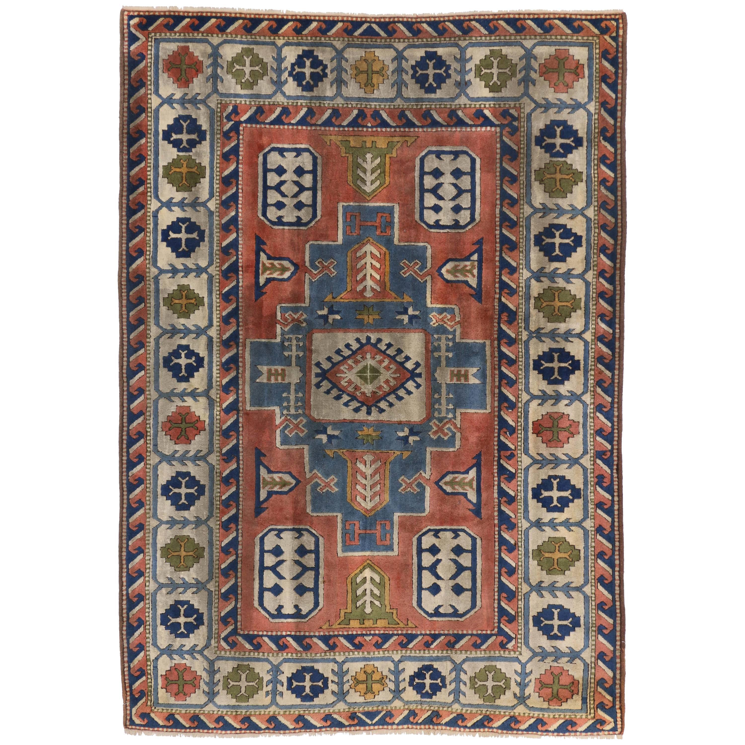 Vintage Turkish Oushak Area Rug with Tribal Style For Sale