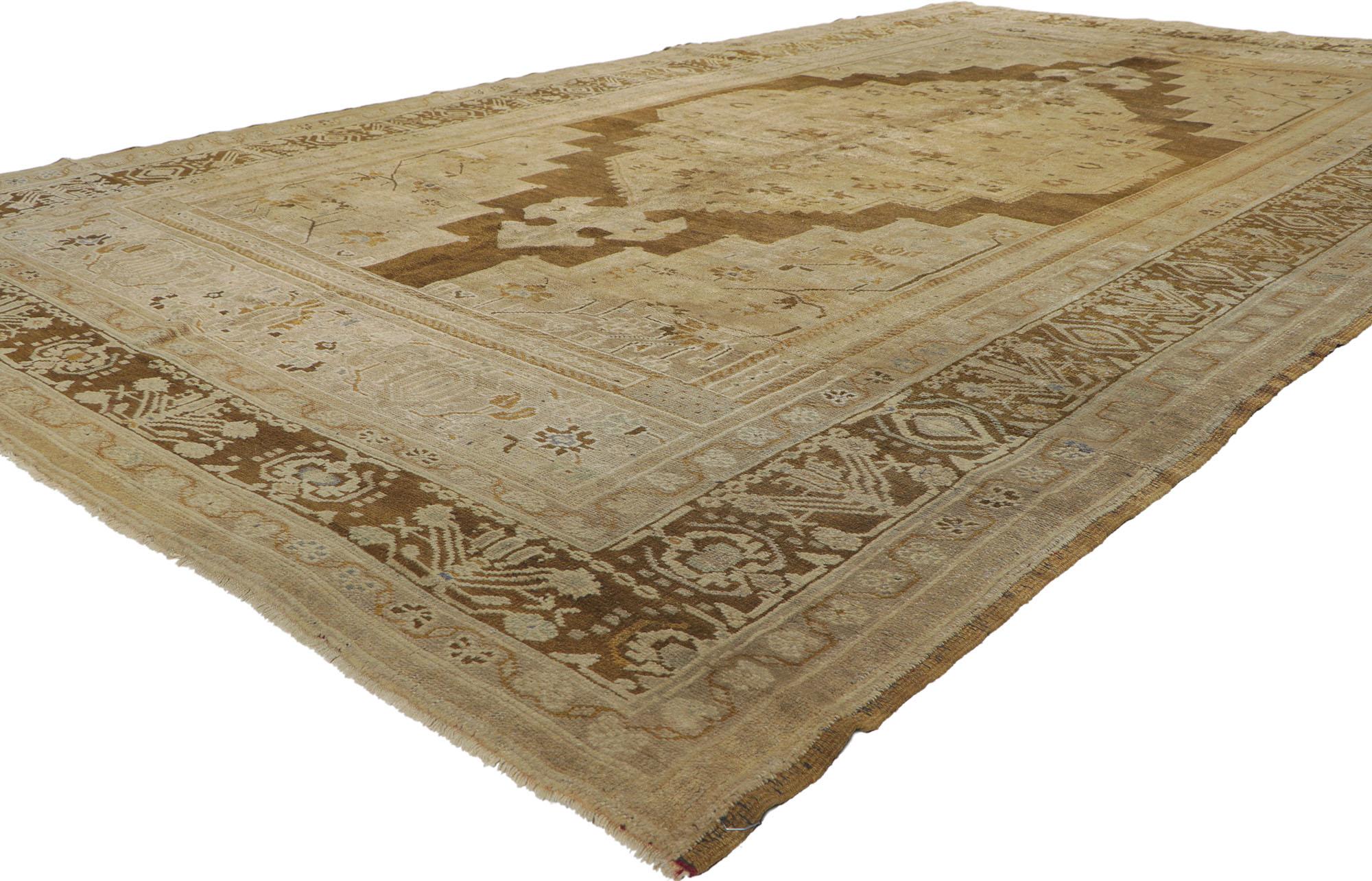 73946, Vintage Turkish Oushak Gallery Rug 07'00 x 12'00. Emanating timeless appeal, effortless beauty and neutral hues, this hand knotted wool vintage Turkish Oushak gallery rug is poised to impress. The antique washed cut-out field features a