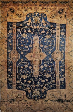 Vintage Turkish Oushak Area Rug, Wool Pile, Royal Blue & Tan, 1900s, 5' x 7'