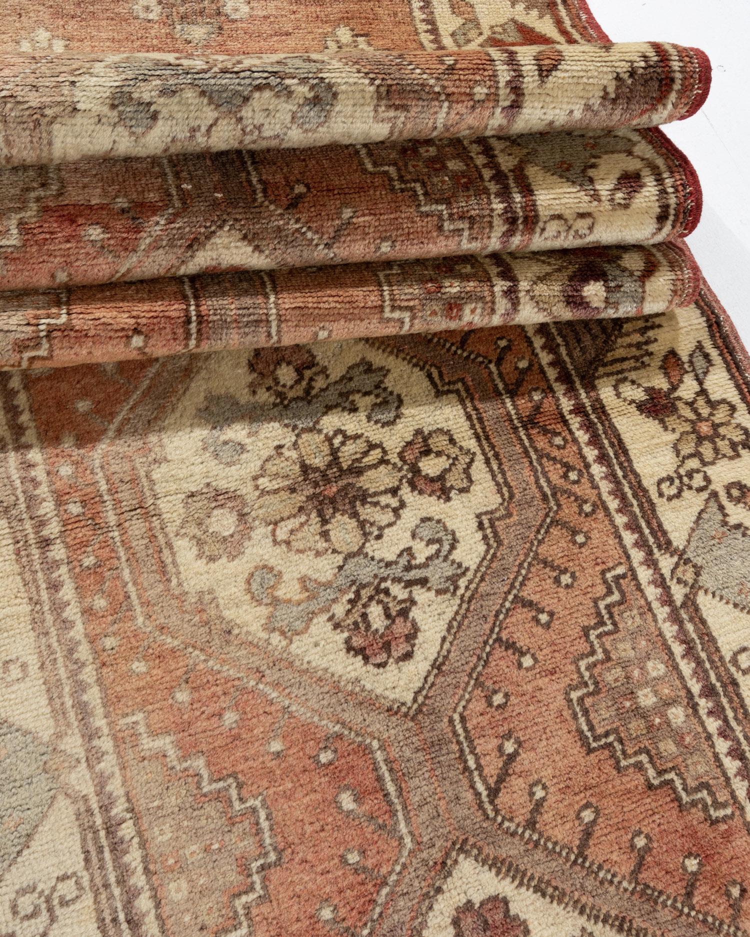 Vintage Turkish Oushak area rugs. Measures: 7'4 X 10'10. From the early years of the Ottoman Empire to the end of the 13th century, Oushak became an important center of Turkish carpet production. All this changed after the mid-nineteenth century,