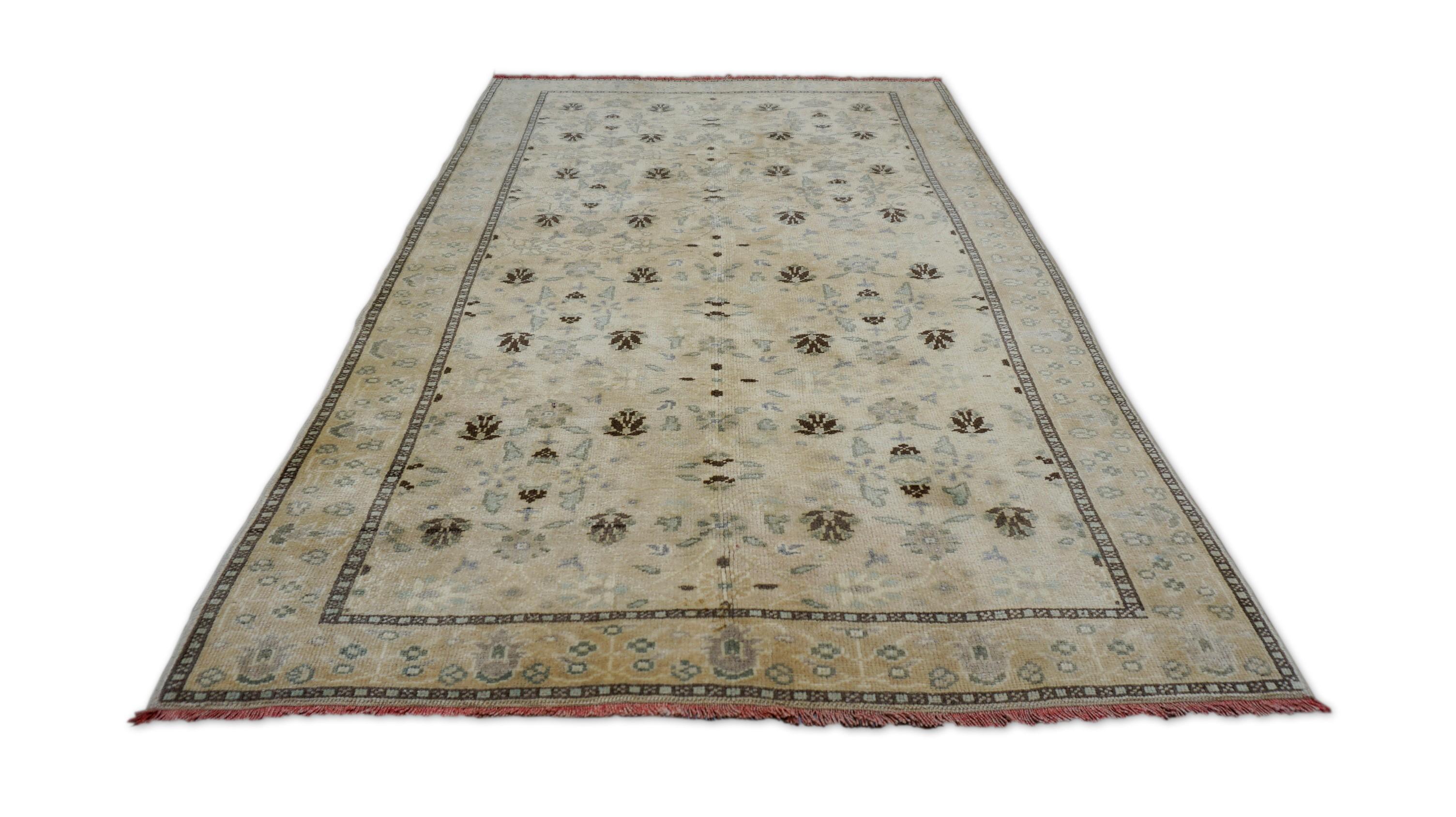 Hand-Knotted Vintage Turkish Oushak  Beige Green Wool Rug 4'8''x7'8'' For Sale