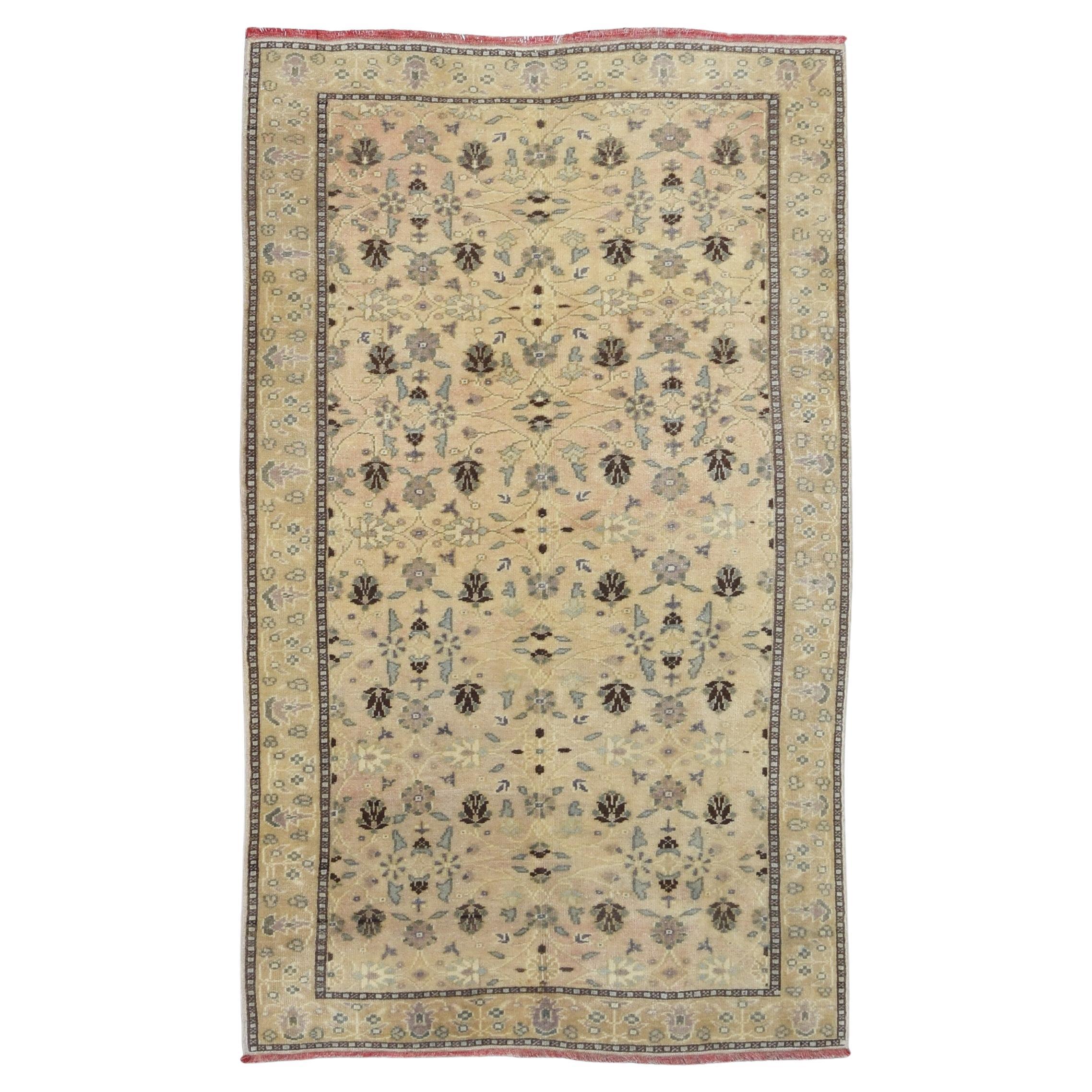 Vintage Turkish Oushak  Beige Green Wool Rug 4'8''x7'8'' For Sale