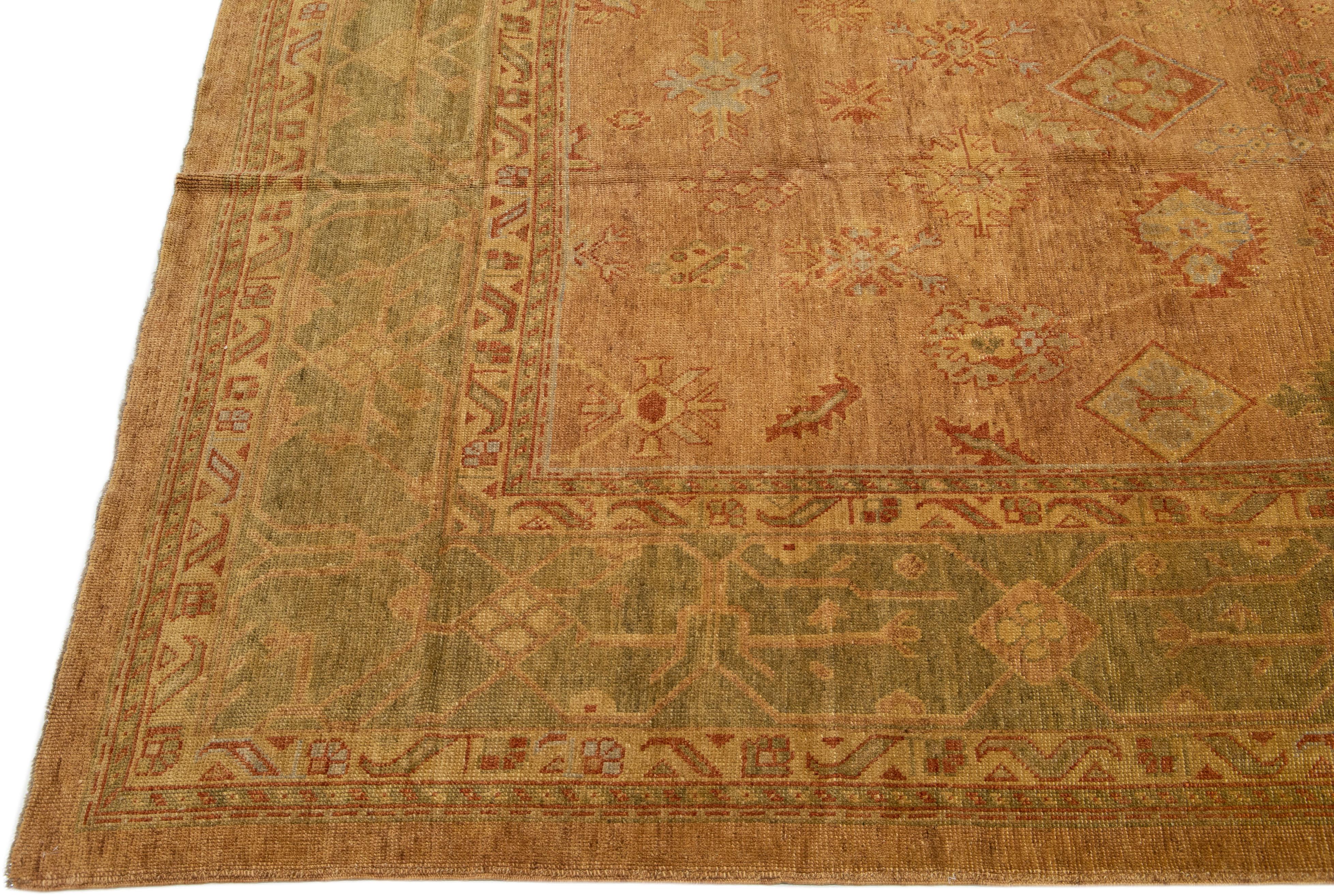 Hand-Knotted Vintage Turkish Oushak Brown & Green Handmade Oversize floral Wool Rug For Sale