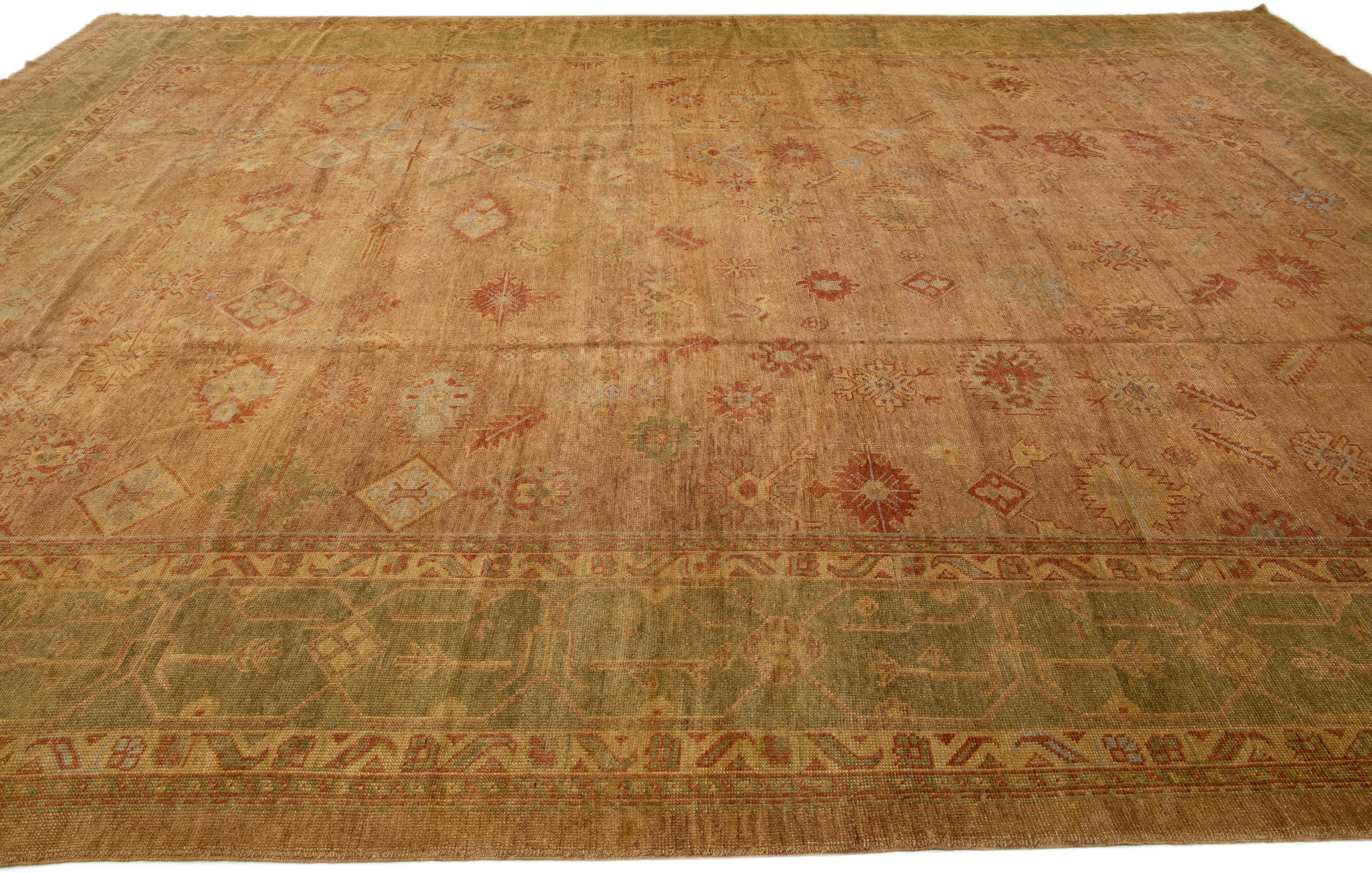 Vintage Turkish Oushak Brown & Green Handmade Oversize floral Wool Rug In Good Condition For Sale In Norwalk, CT