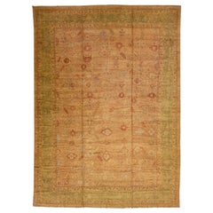 Vintage Turkish Oushak Brown & Green Handmade Oversize floral Wool Rug