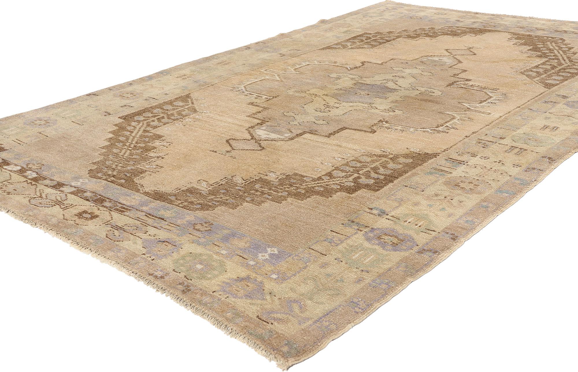 52045 Earth-Tone Vintage Turkish Oushak Rug, 05'00 x 07'11. Immersed in centuries-old tradition and meticulous artisanal craftsmanship, antique-washed Turkish Oushak rugs, originating from the revered Oushak region, undergo a painstaking washing