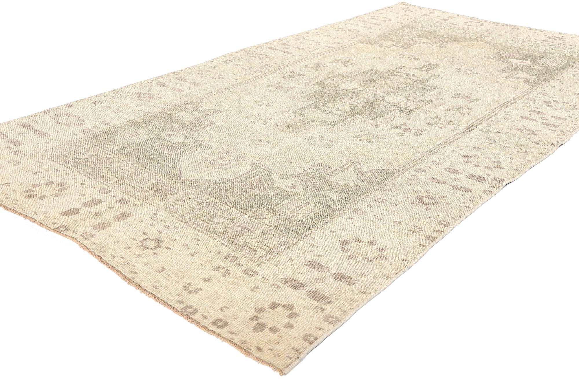 53676 Vintage Turkish Oushak Rug, 04'01 x 07'10. Drenched in tradition and artisanal craftsmanship, antique-washed Turkish Oushak rugs originating from the Oushak region undergo a meticulous washing process, inviting the nostalgia of yesteryears.