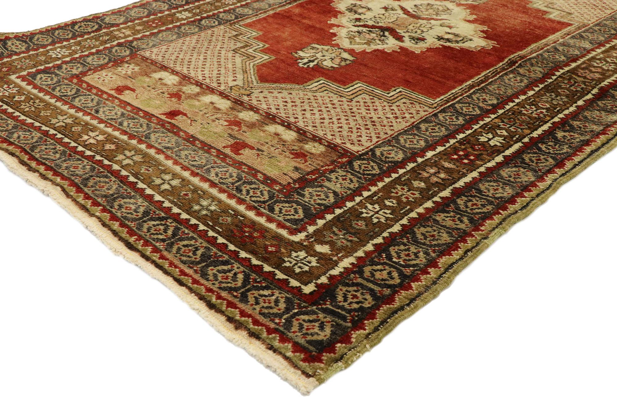 73843 Vintage Turkish Oushak Rug, 03'06 x 05'06. In the realm where enchantment and elegance intertwine, behold this hand-knotted wool vintage Turkish Oushak rug, a carpet woven with threads of magic and dreams. At its heart lies a majestic lozenge