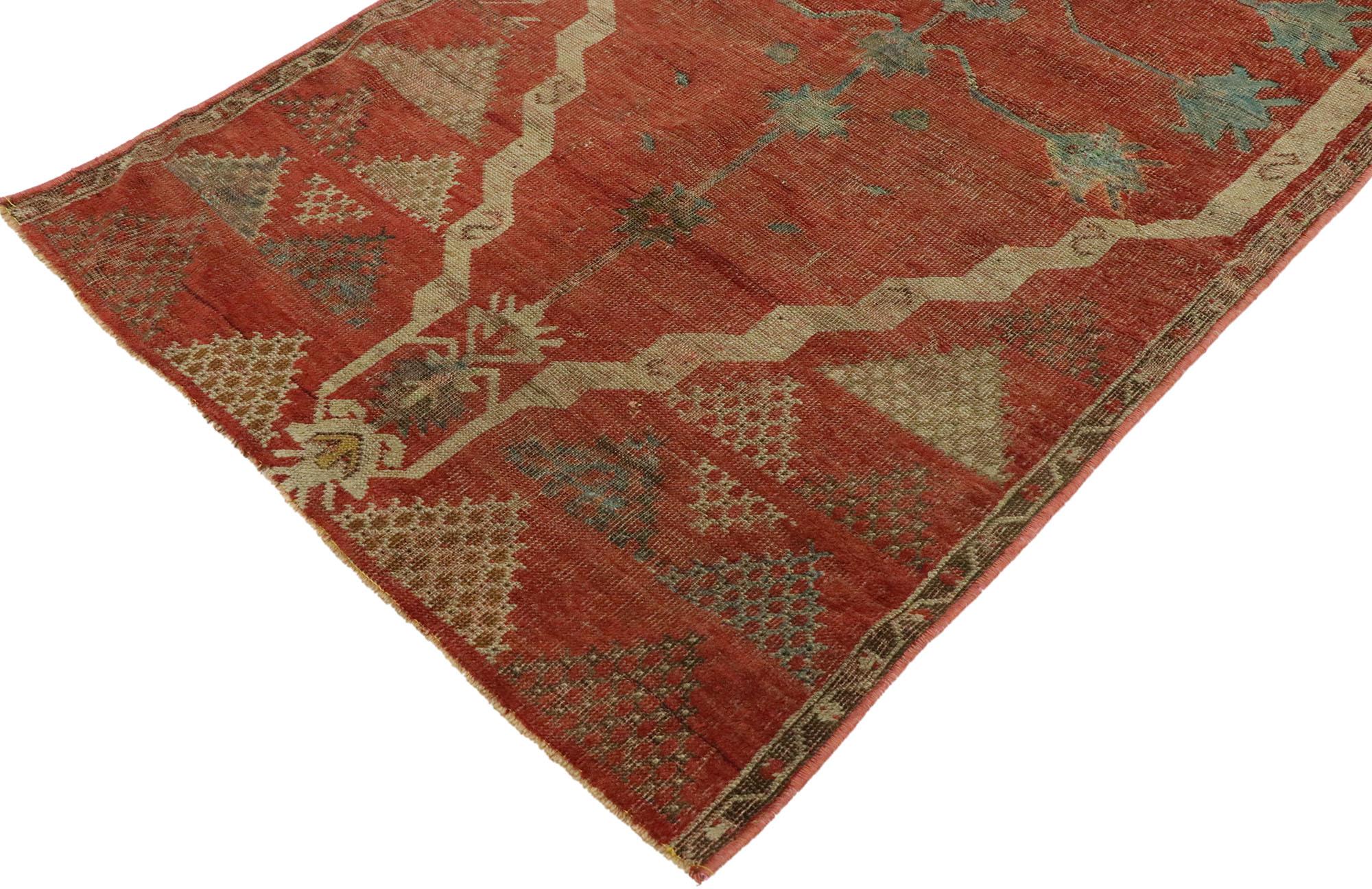 53076 Distressed Vintage Turkish Oushak Prayer Rug, 02'09 x 04'02. This hand-knotted wool distressed vintage Turkish Oushak prayer rug embodies the enduring spirit of Anatolian weaving traditions, presenting a vivid tableau of time-worn elegance and