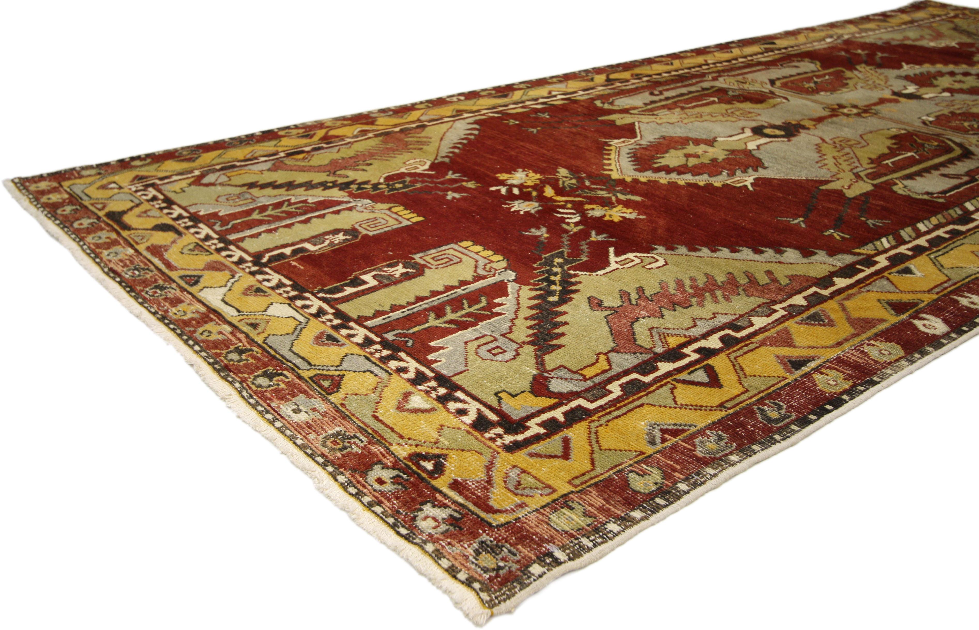73637 Vintage Turkish Oushak Gallery Rug, Wide Hallway Runner with English Tudor Style 04'07 x 10'04. This vintage Turkish Oushak carpet runner handsomely communicates some of the finer and more important points of traditional Turkish design