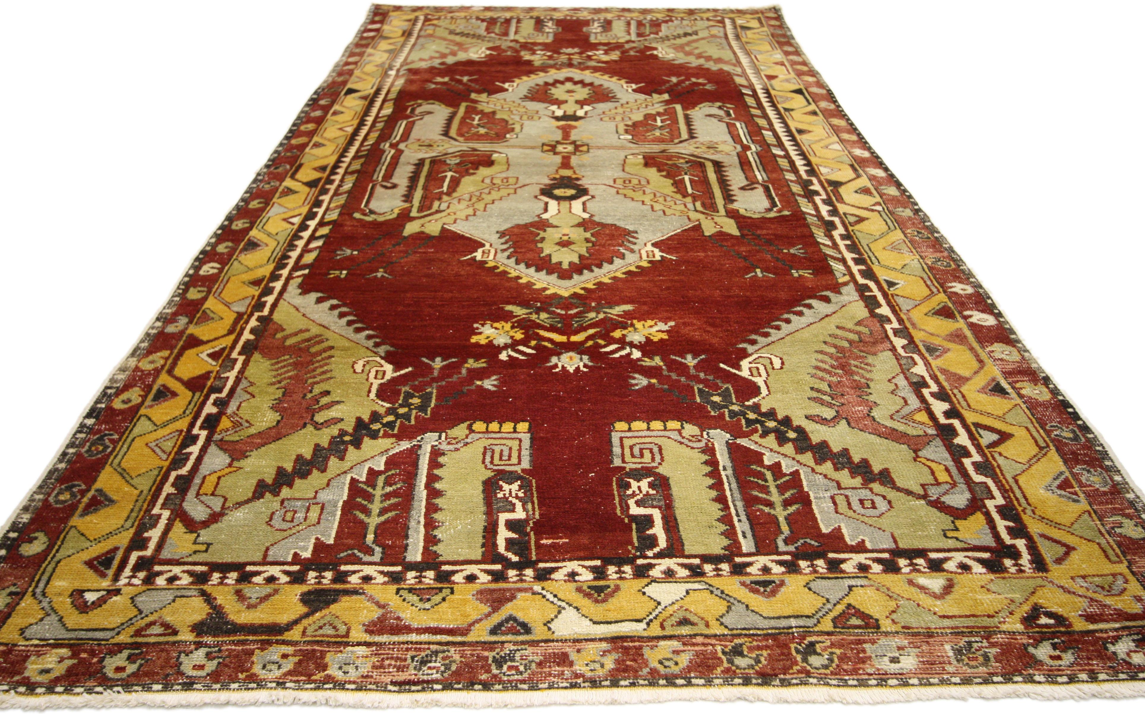 Hand-Knotted Vintage Turkish Oushak Gallery Rug, Hallway Runner with English Tudor Style For Sale