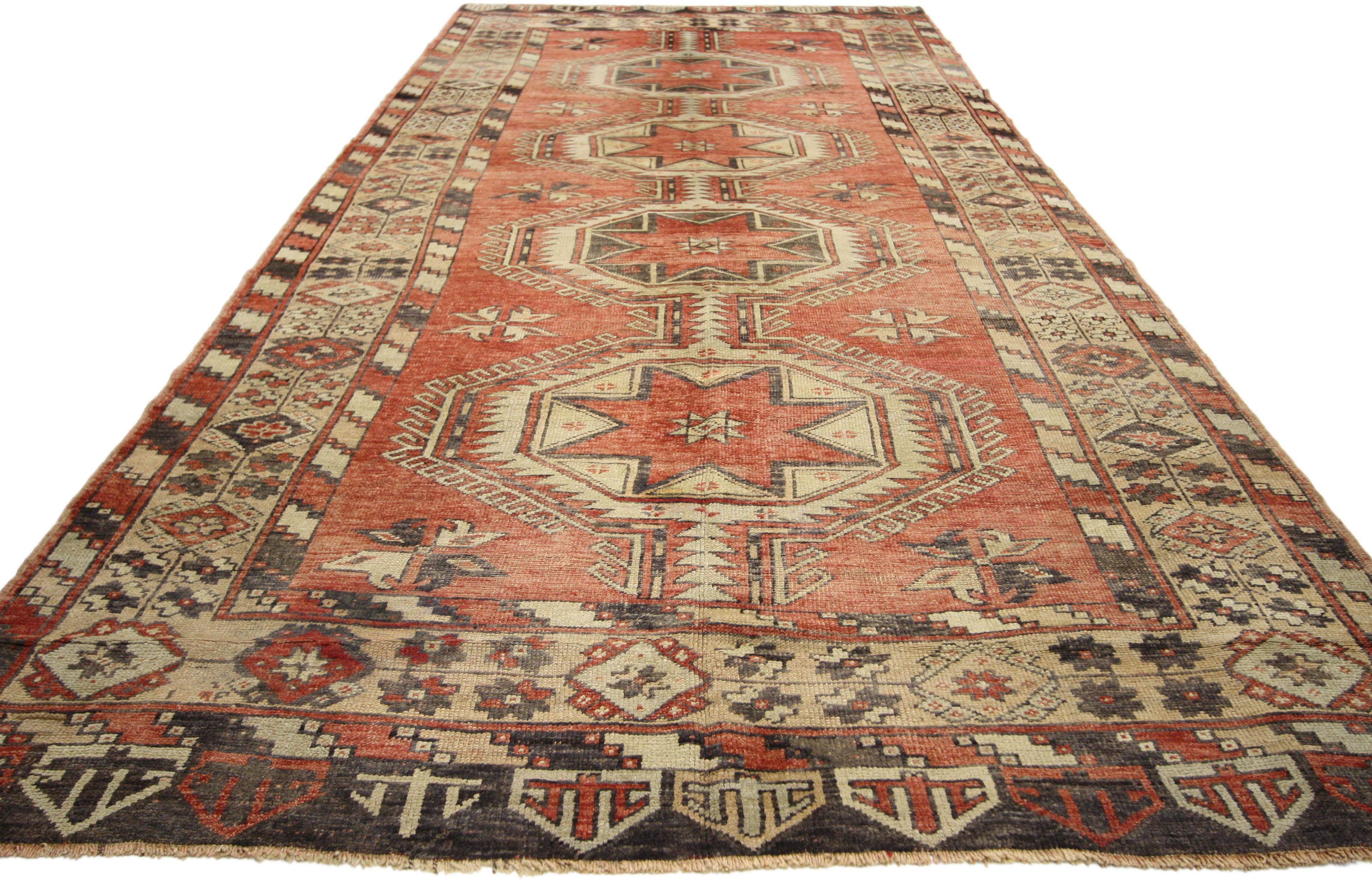 Hand-Knotted Vintage Turkish Oushak Carpet Runner Gallery Rug, Wide Hallway Runner For Sale