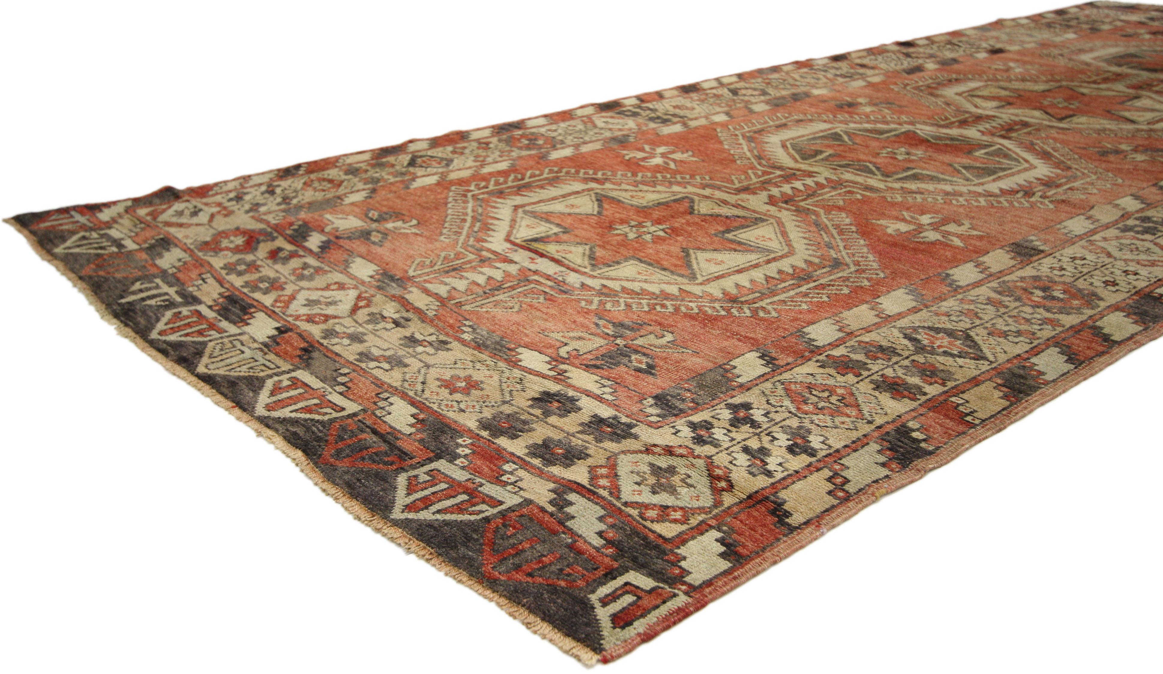 Vintage Turkish Oushak Carpet Runner Gallery Rug, Wide Hallway Runner In Good Condition For Sale In Dallas, TX