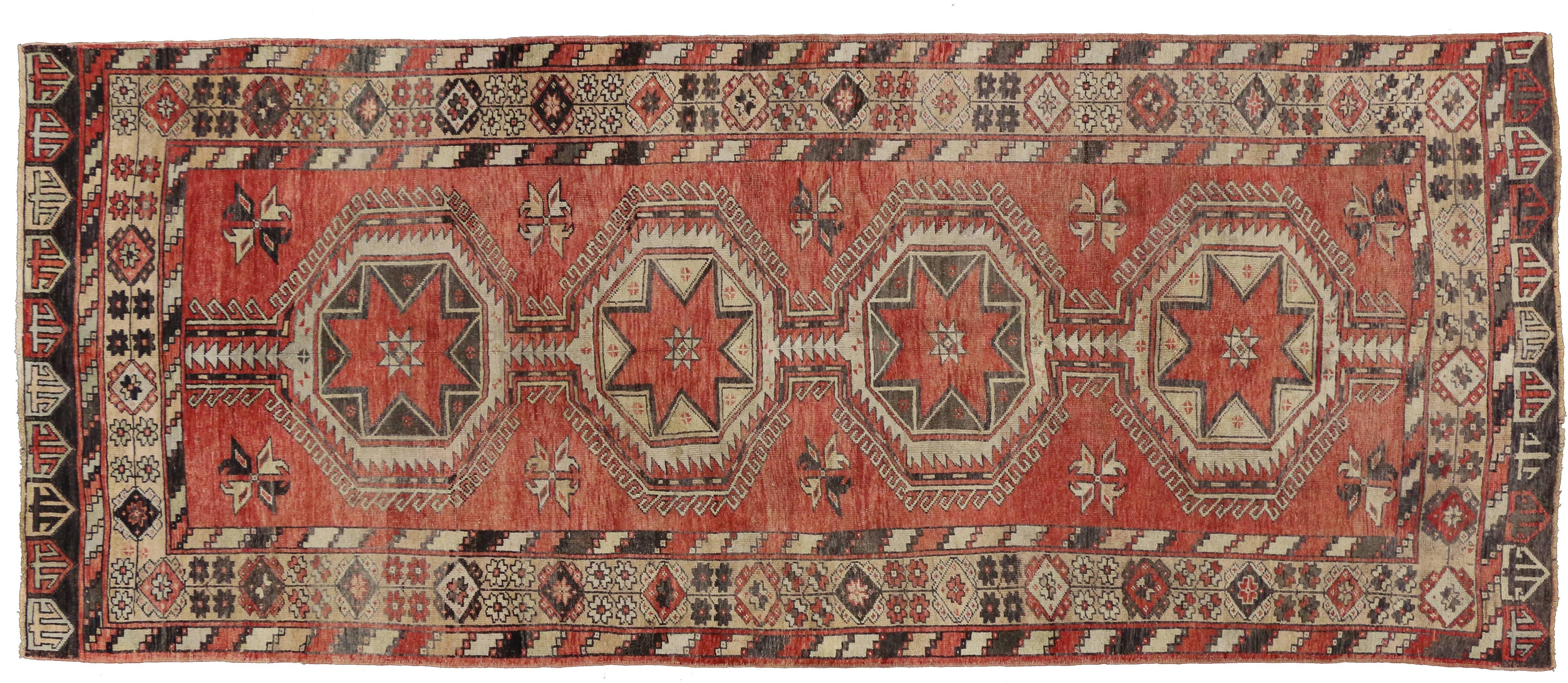 20th Century Vintage Turkish Oushak Carpet Runner Gallery Rug, Wide Hallway Runner For Sale