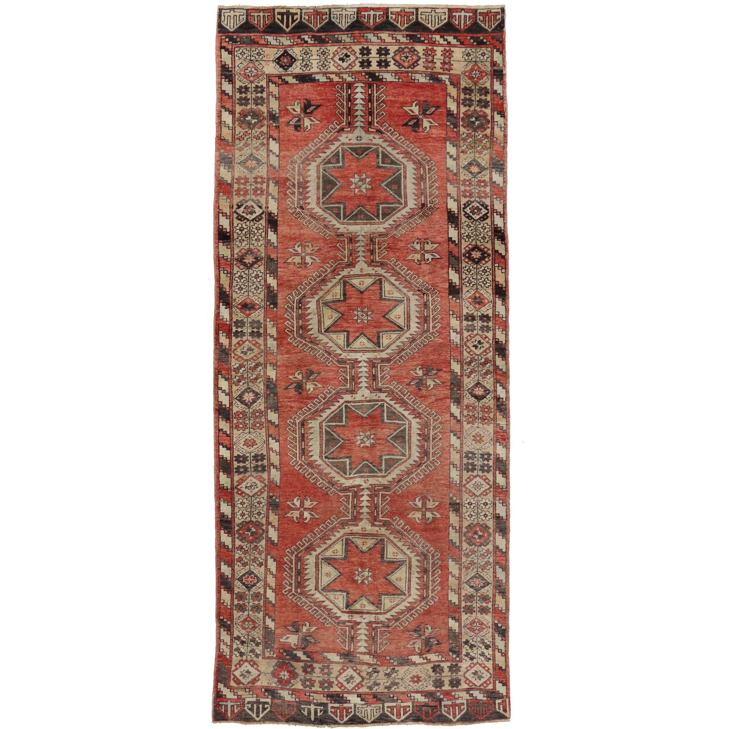 Vintage Turkish Oushak Carpet Runner Gallery Rug, Wide Hallway Runner