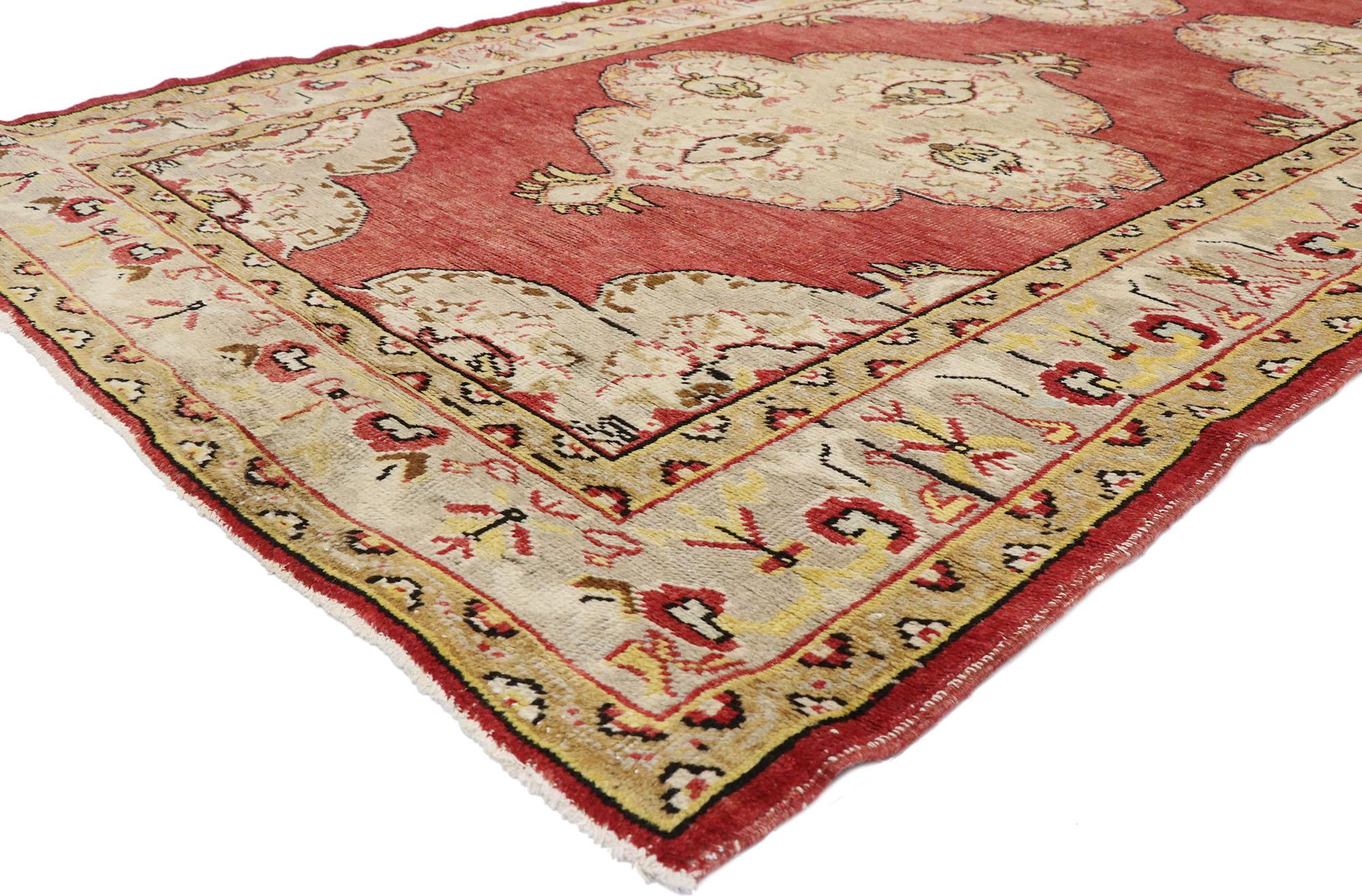 73752, vintage Turkish Oushak carpet runner with Jacobean Tudor style. With an elegant Turkish design and refined modest color palette, this vintage Turkish Oushak carpet runner keeps the eyes entertained, but it is still traditional and